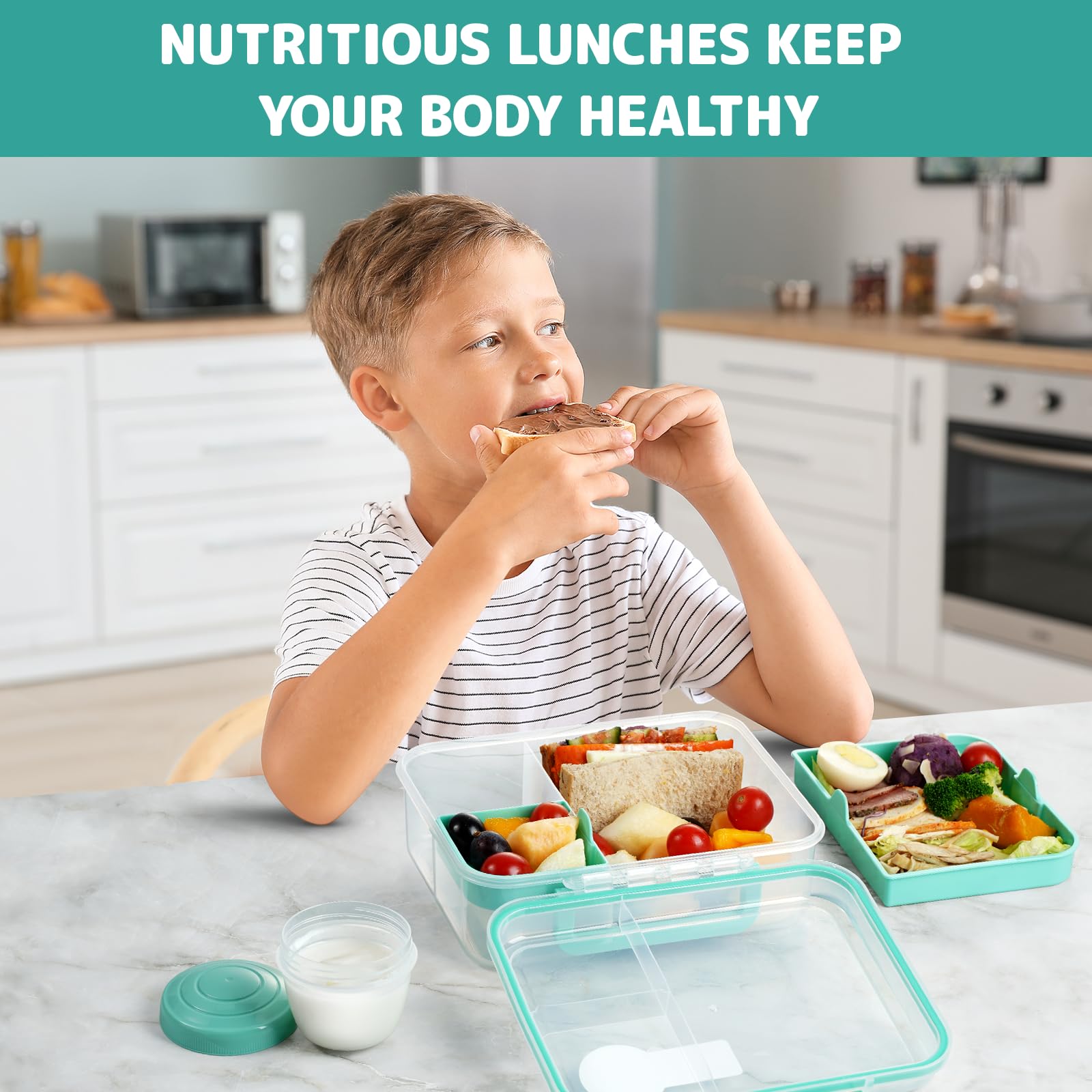 Recipientes reutilizables para preparación de comidas, caja bento para adultos, lonchera Bento con 2 bandejas extraíbles y recipiente para aderezo de ensalada, tamaño de 56 onzas/1.65 L (verde