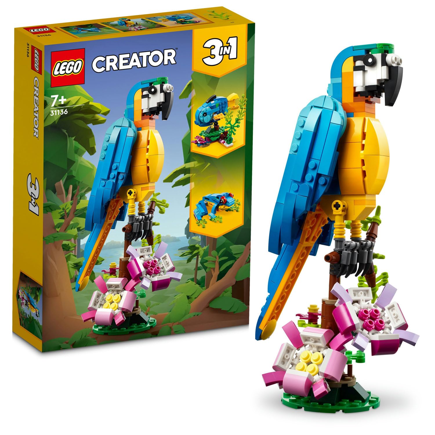 LEGO Creator Egzotik Papağan 31136-7 Yaş ve Üzeri Çocuklar İçin Papağan, Balık ve Kurbağa Modelleri İçeren Yaratıcı Oyuncak Yapım Seti (253 Parça)