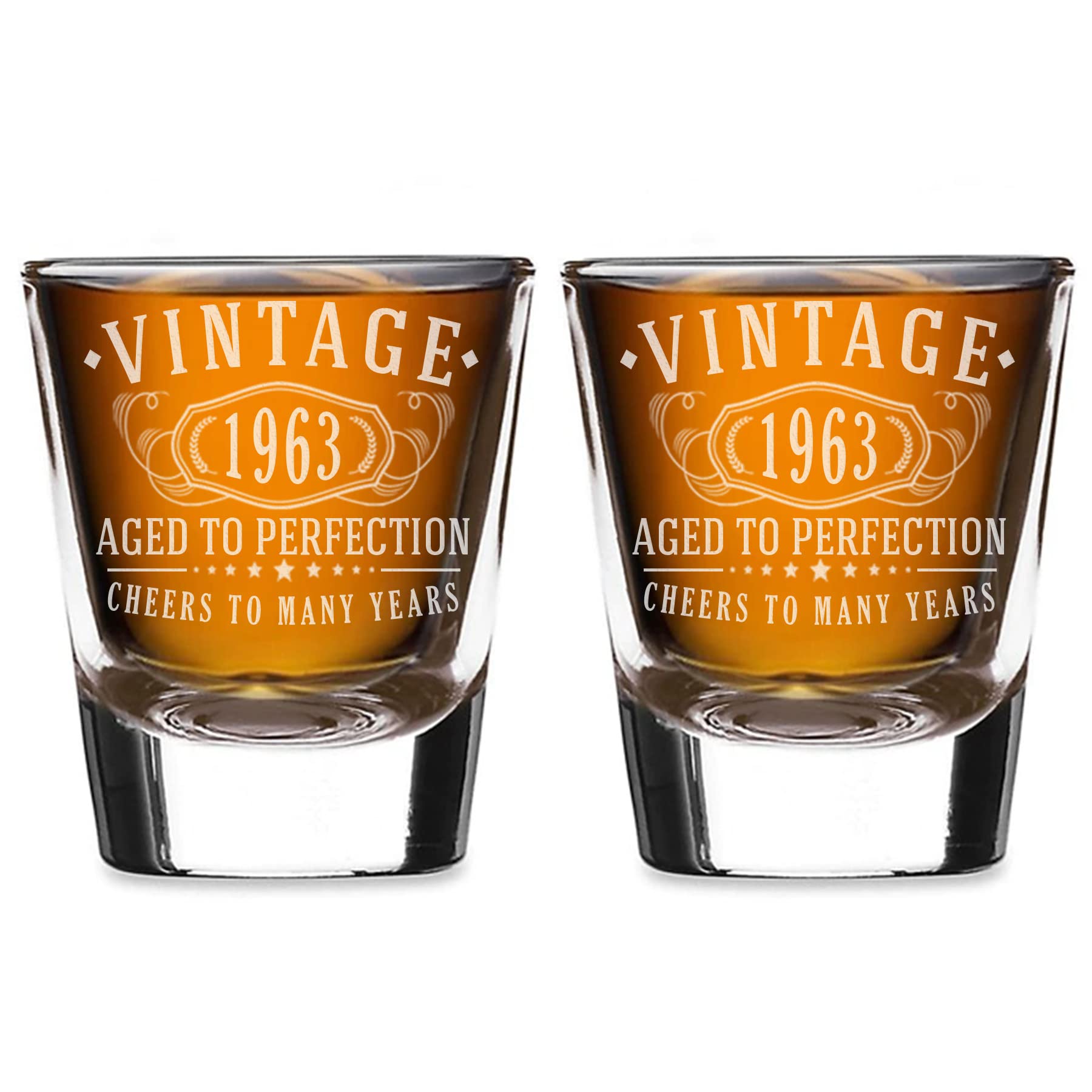 Vintage 1963 Etched 2pk 1.75oz Shot Glasses - 61st Birthday Gifts for Women Men - Cheers to 61 years old - 61st decorations for her him - Best Engraved Whiskey Bourbon Gift ideas - Mom Dad 2.0