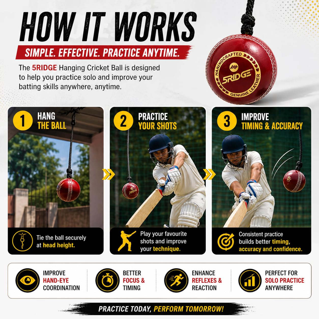 Cricketball - Entwickeln Sie Hand-Augen-Koordination, Leder-Ball zum Üben und Klopfen, Cricketball mit Seil, Einheitsgröße, rot, 1 Stück