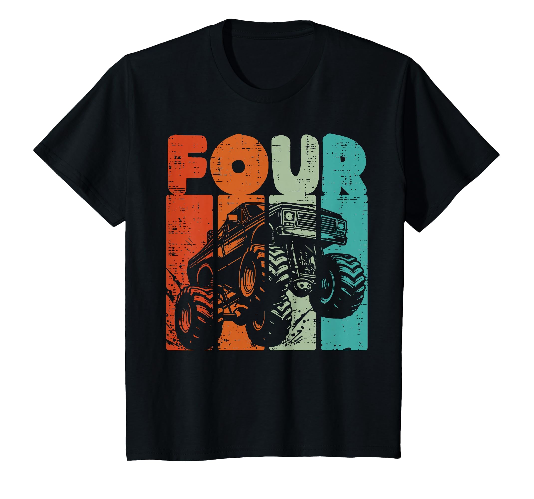 Kids 4th Birthday Monster Truck Four Retro 4 Year Old Bday Boys T-Shirt
