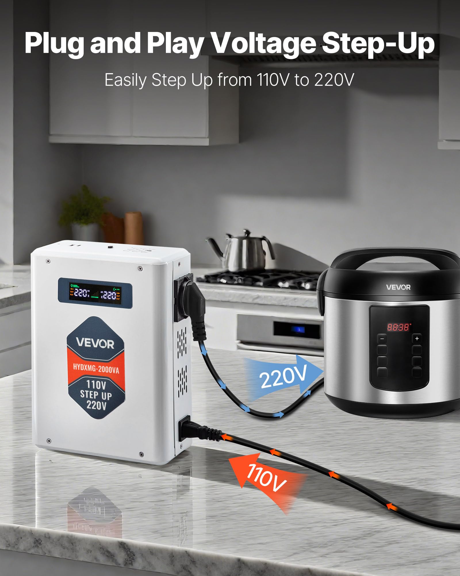 VEVOR Przetwornica napięcia Step-Up 2000 VA Heavy Duty 110V na 220V z 2 gniazdami amerykańskimi, wyjściem USB, wyświetlaczem LCD, do urządzeń gospodarstwa domowego 220 V