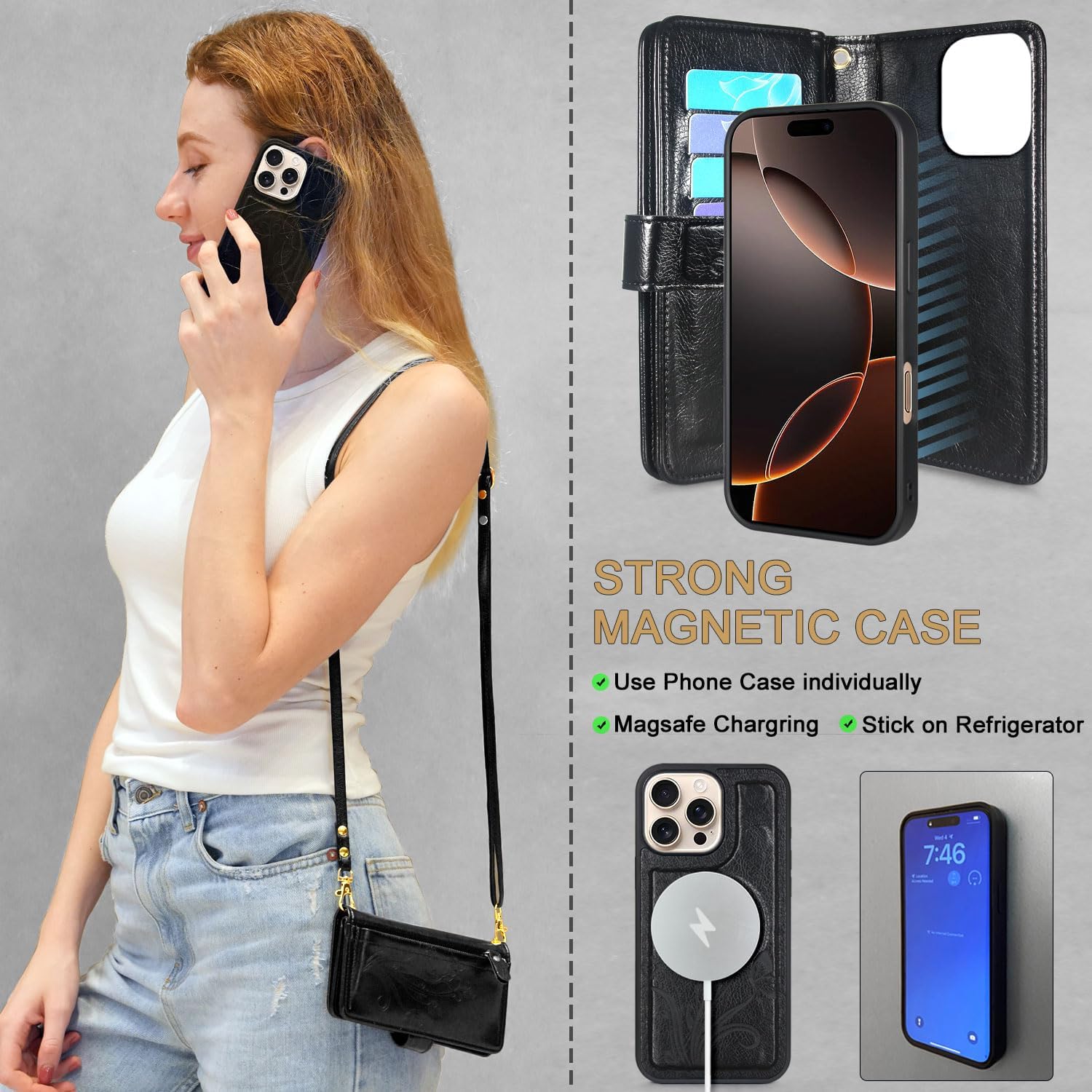 Lacass for iPhone 16 Pro 6.3 inch Detachable Crossbody Wallet Case,Compatible with Wireless Charging, [Cards Theft Scan Protection], Magnetic Case Stand PU Leather Zipper(Floral Black)