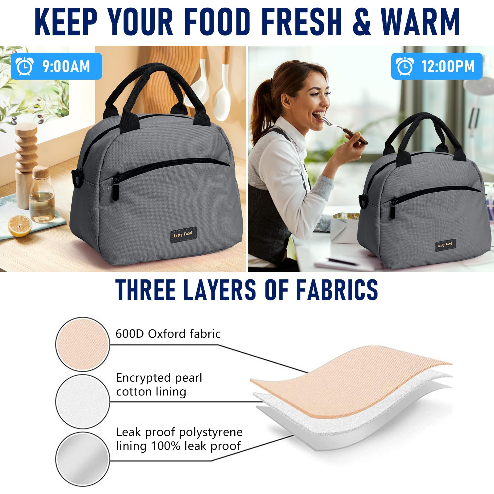 Runmeihe Lunch Bags for Women Reusable Women's Insulated Lunchbag with Strap,Adults Small Waterproof Cooler Lunch Bags for Work Travel Picnic School (Grey) - Image 4