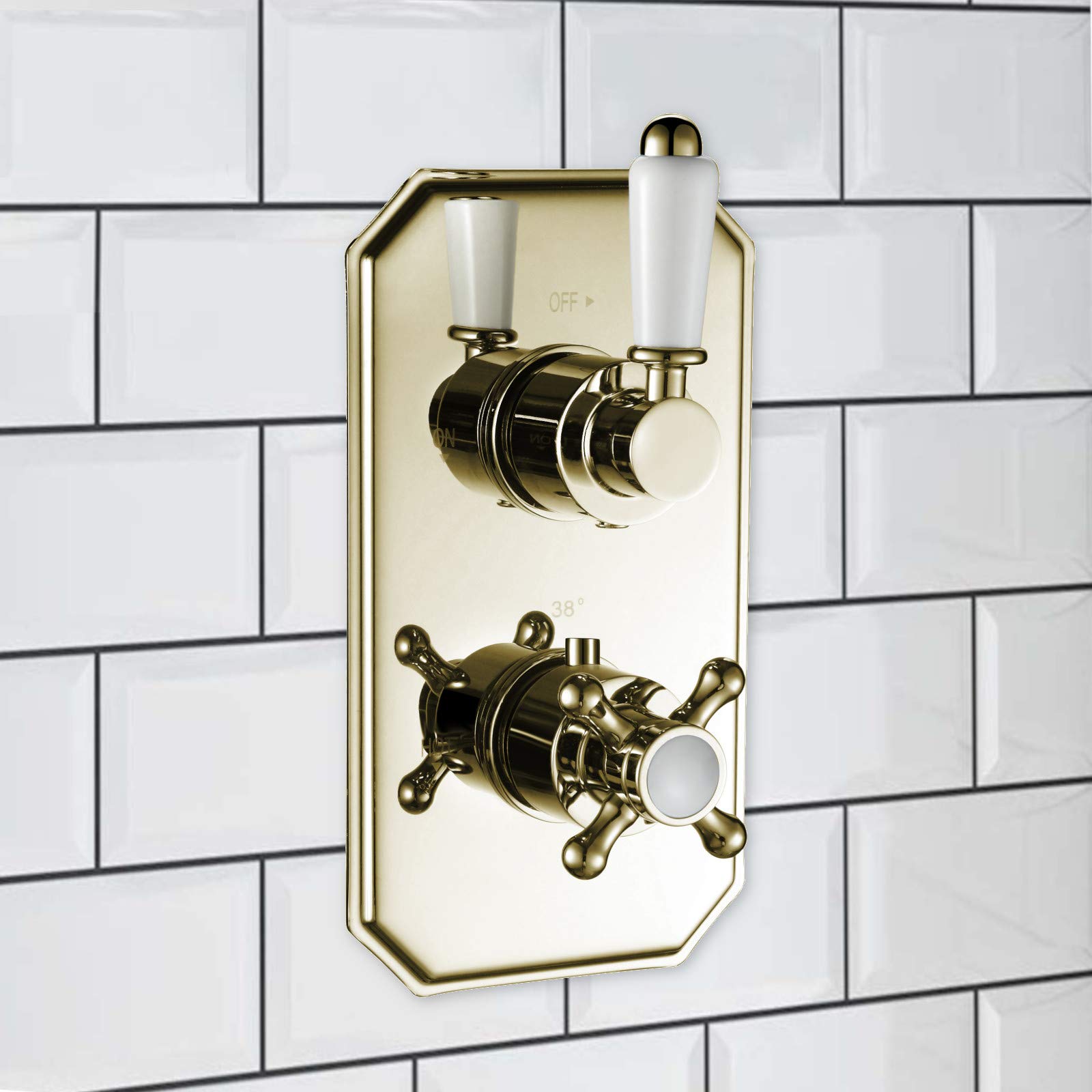 Enki Gold And White Regent, Tsv035, Gold White Single Twin Concealed Thermostatic Mixer Tap Shower Outle Valve For Bathrooms, Traditional Victorian Style