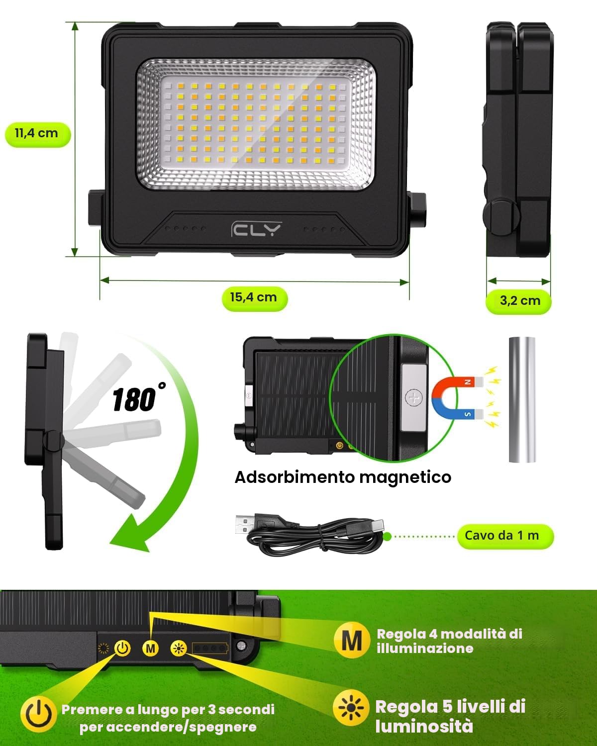 CLV Faro Luce LED Portatile 60W, Faro LED Ricaricabile USB & Solare con 12000mAh Batteria, 4 Modalità di Illuminazione 5 Luminosità, Luci da Lavoro per Cantiere, Garage, Campeggio, Emergenza