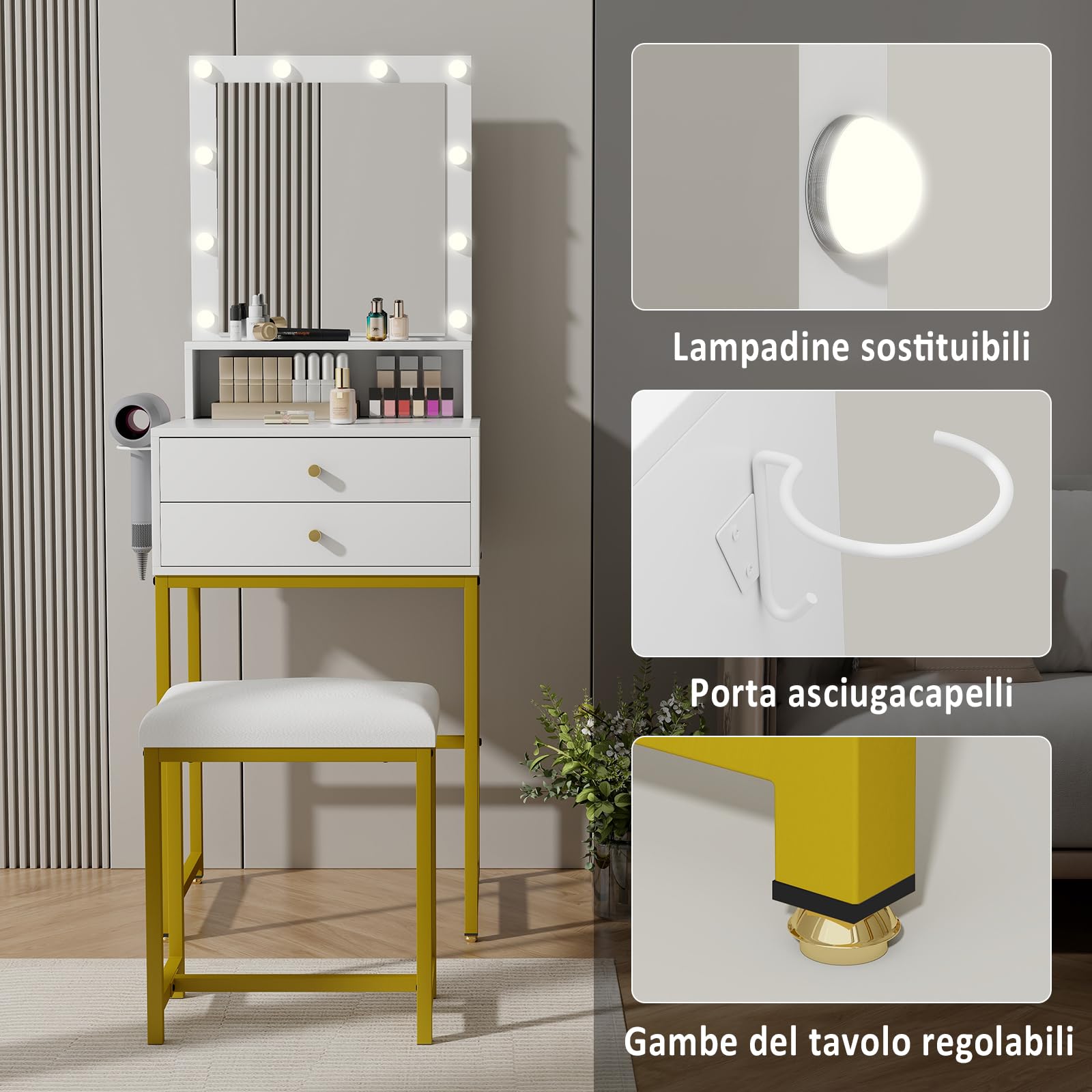 YU YUSING Toeletta Trucco con 10 Luci LED, 3 Colori, Tavolo da Trucco con Specchio e Sgabello, 2 Cassetti e 1 Ripiani Aperto, Supporto per Asciugacapelli, Postazione per Camera da Letto Soggiorno, Oro