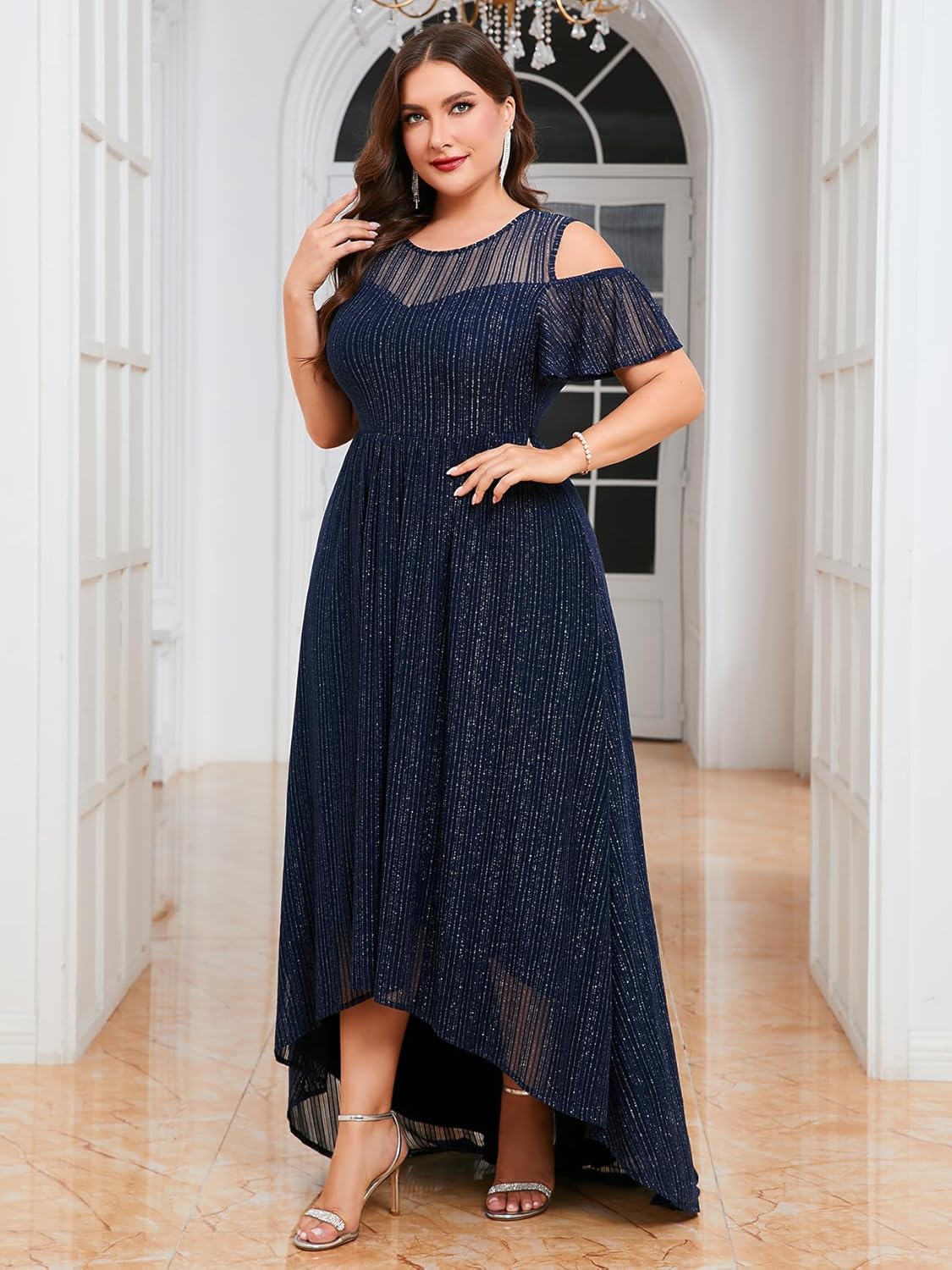ZOMVA Plus Size Sparkly Mesh Maxi Dress Cold Shoulder Ruffle Sleeve High Low A Line Dresses Wedding Guest Cocktail Party, Navy, 2X - Image 5