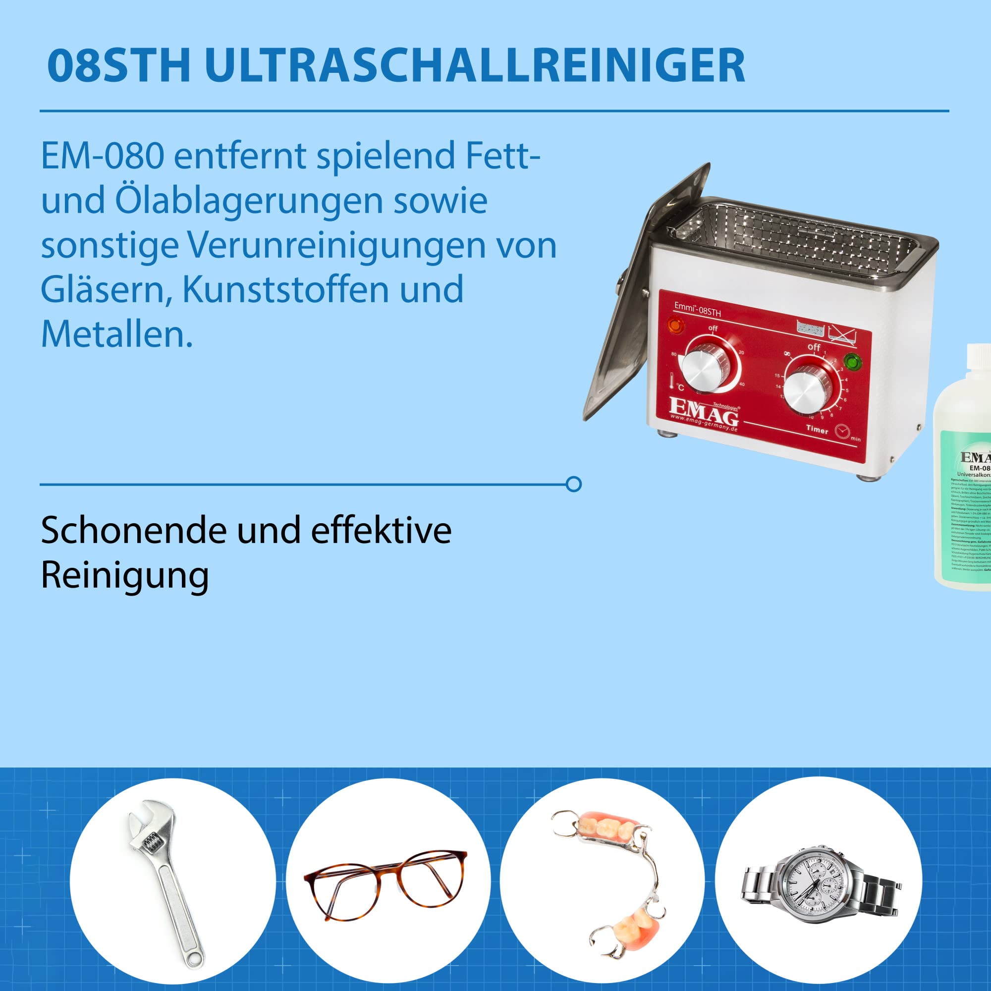 EMAG Ultraschallreiniger Emmi 08STH Universal-Set I Brillenreinigungsgerät auch Schmuck & Uhren I Ultraschallreinigungsgerät aus Deutschland I 600ml
