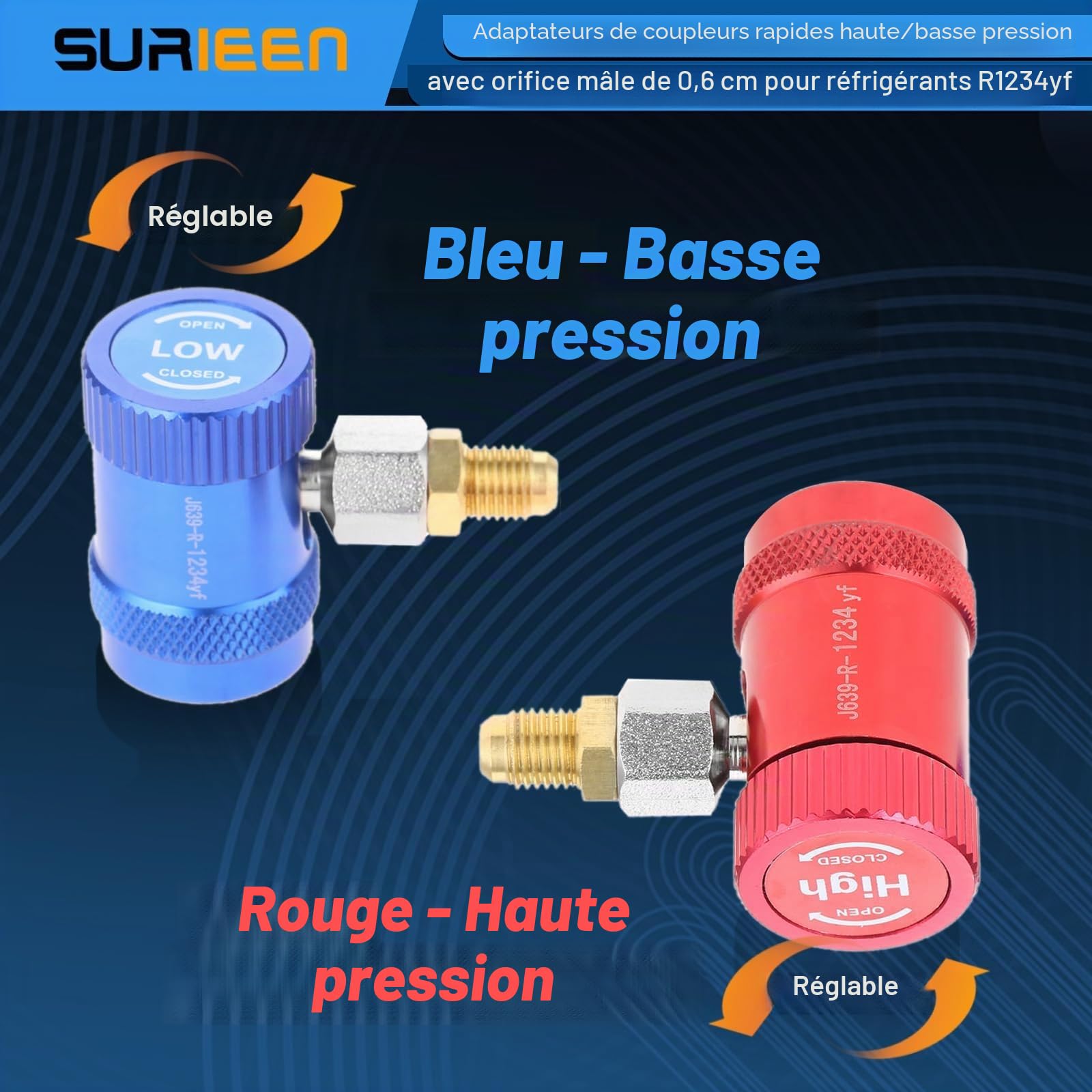 R1234yf Adaptateurs de coupleurs rapides, raccord réglable pour voiture, compresseur CA automatique, kit de connecteurs de réfrigérant côté haut/bas, port mâle, 1/4, ensemble haute et basse pression