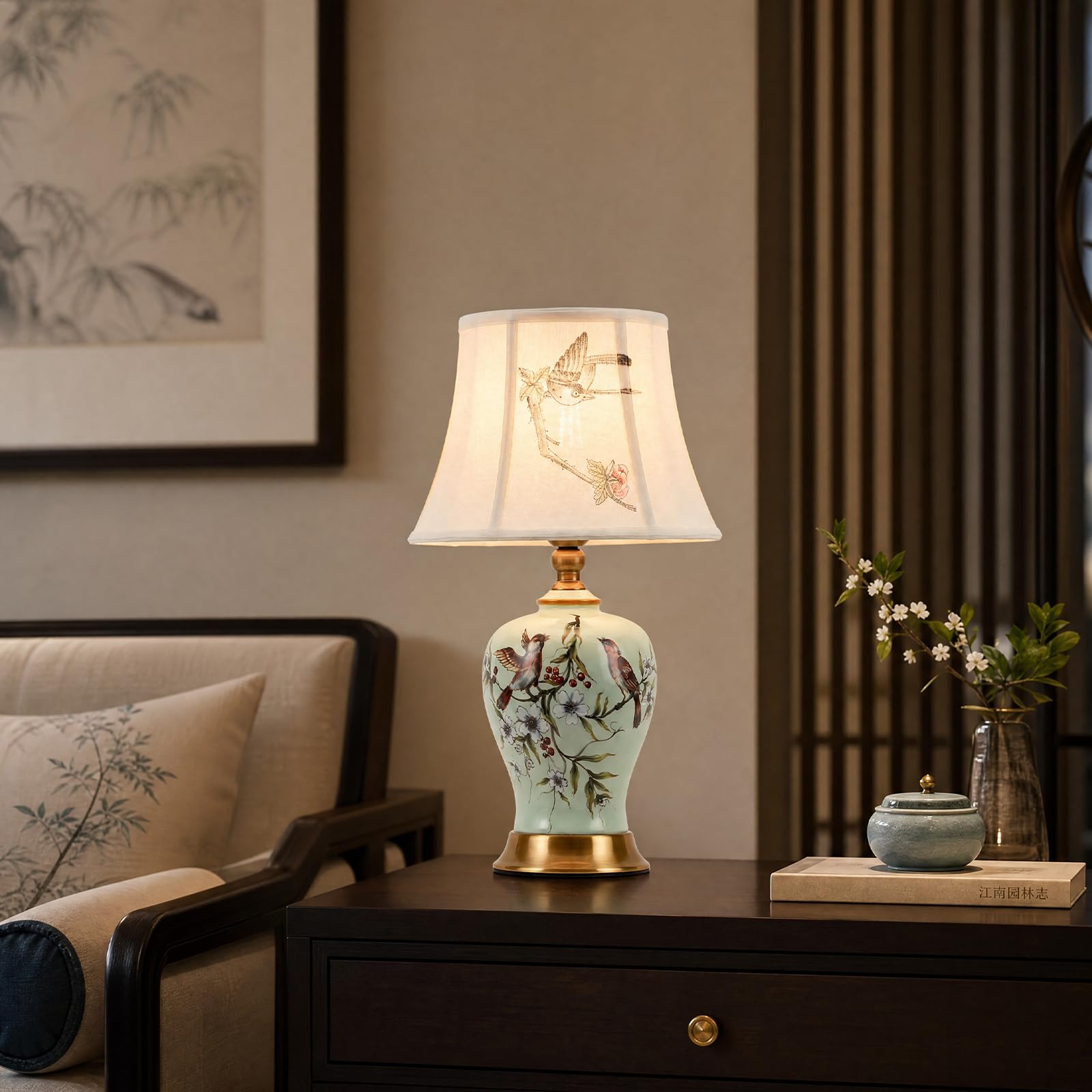 Tischlampe Retro Keramik, Stoff-Nachttischlampe, Vintage-Leselampe für das Schlafzimmer, weißer Lampenschirm, Schreibtischlampe im modernen Stil, E27-Nachttischlampe für Hotel,Wohnzimmer(H 52CM)