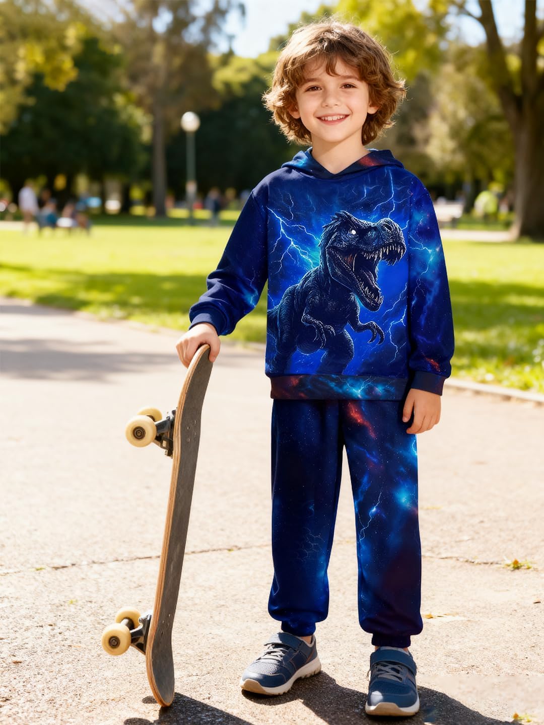 Boy Clothes Long Sleeve Lightning T-Rex Dinosaur Print Hoodie Sweatshirt Cool Pants 2pcs Fall Outfits Set - Image 4