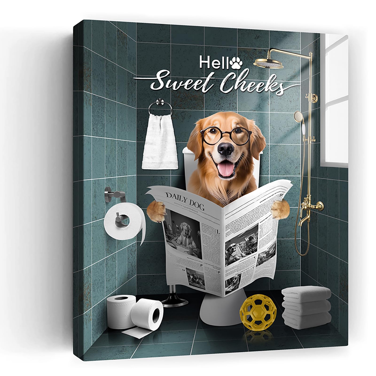 Beabalea Bathroom Dog Funny Bathroom Wall Art Dog Bathroom Pictures Wall Decor Golden Retriever On Toilet Reading Newspaper Canvas Framed Artwork Print Painting For Bedroom Decorations 12"X16"
