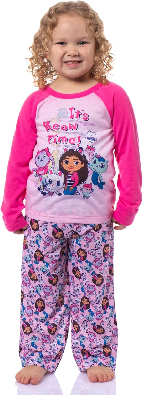 INTIMO Gabby's Dollhouse It's Meow Time Toddler Kid's Raglan 2 Piece Long Sleeve Long PJ Pant Pajama Set for Girls Boys