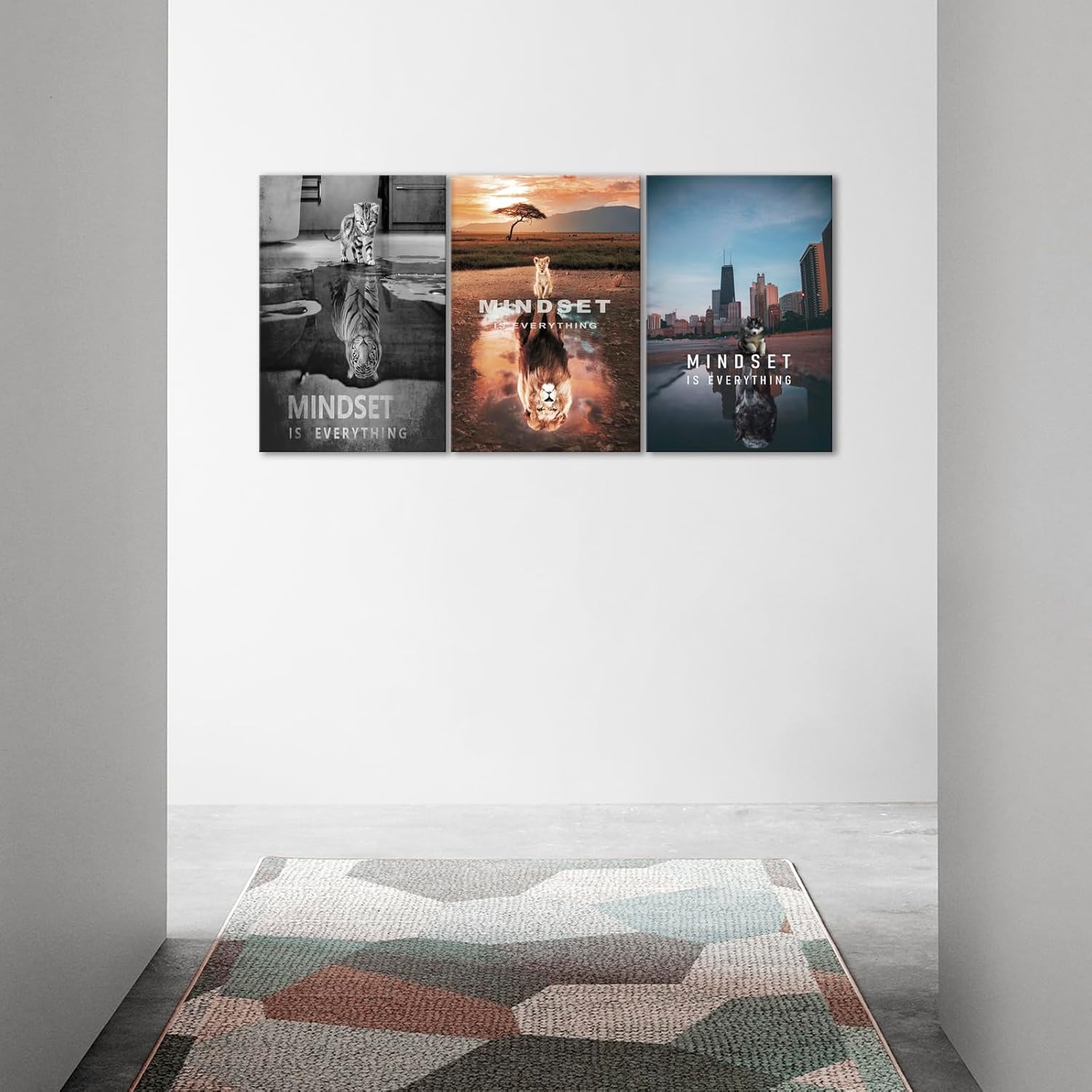 KAWAHONE Motivational Lion Wall Art - Inspirational Mindset Posters Wall Decor-Mindset is Everything Canvas Prints Success Framed Artwork for Office and Living Room Ready to Hang 3p-Lion30 16x24inx3pcs