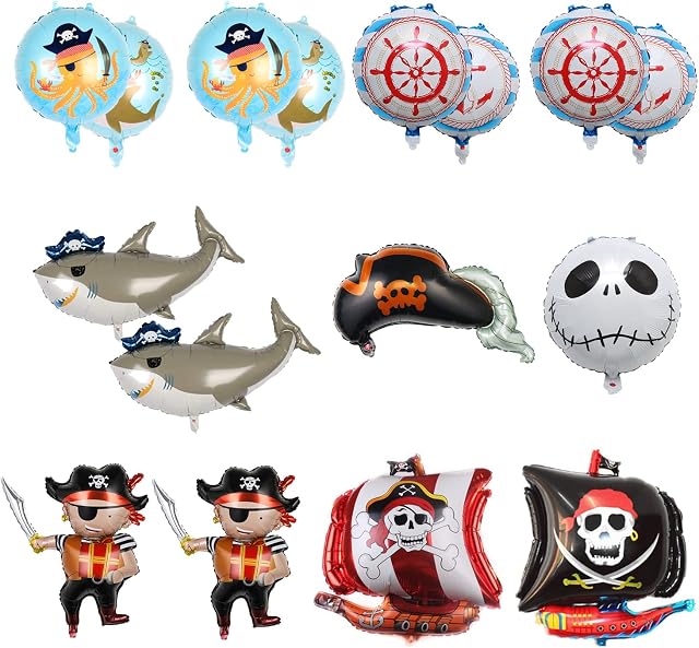 12pcs Pirate Balloon Decorations, Pirate Ship, Marine Animal Balloons, etc., Halloween Theme Party, Birthday Party Decorations