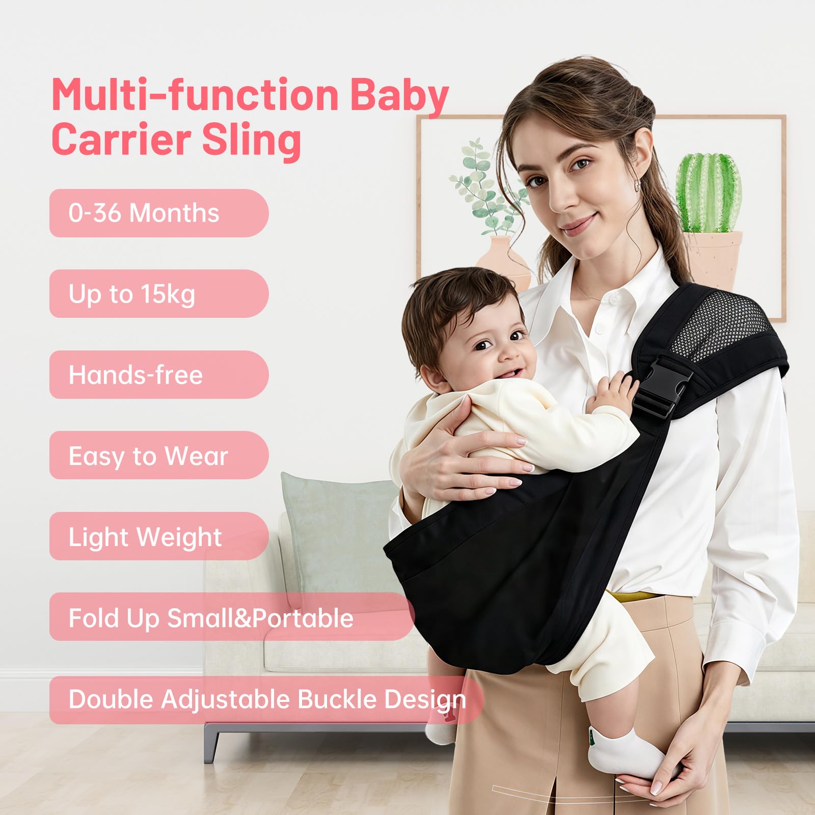 Mumgaroo Baby Sling, Adjustable Toddler Carrier Sling, Breathable Baby Sling Carrier with Thick Shoulder Straps for Newborn, Infant, Toddler, 0-36 Months (Black) — view 4
