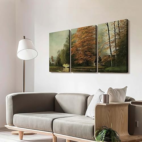 Miniatura 4 de 3 piezas enmarcadas de paisaje de casa de campo de otoño, arte de pared, impresiones de otoño galería de naturaleza, decoración del hogar para sala