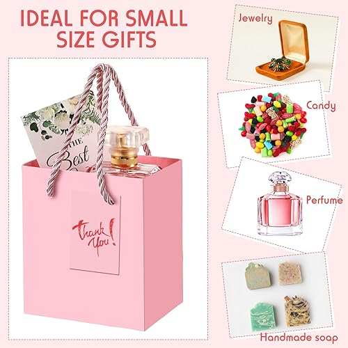 Miniatura 4 de PerKoop 50 mini bolsas de regalo a granel con asas, etiquetas de regalo, pequeñas bolsas de papel para San Valentín, cumpleaños, baby showers,