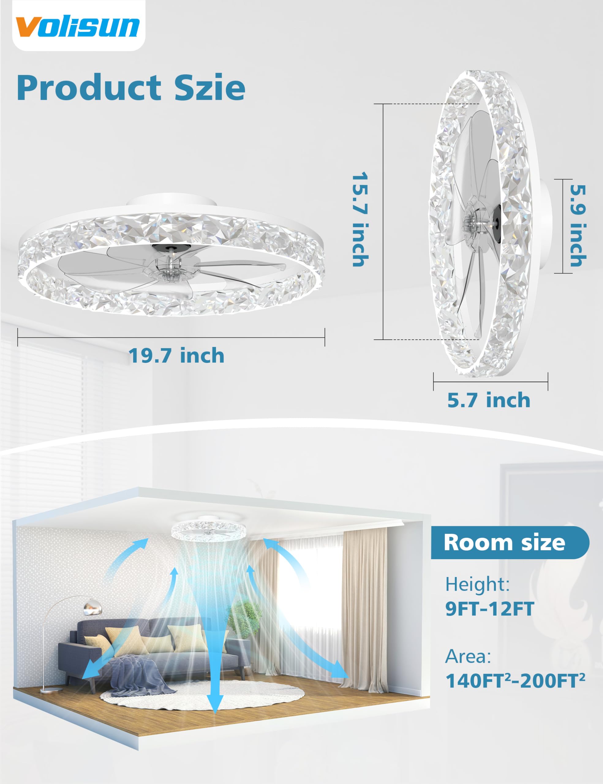 VOLISUN Deckenventilator mit Beleuchtung und Fernbedienung, 6 Windstufen und Dimmbar, Moderner Deckenlampe mit Ventilator, Leiser LED Deckenventilator für Schlafzimmer Wohnzimmer (Weiß, 49.5CM)