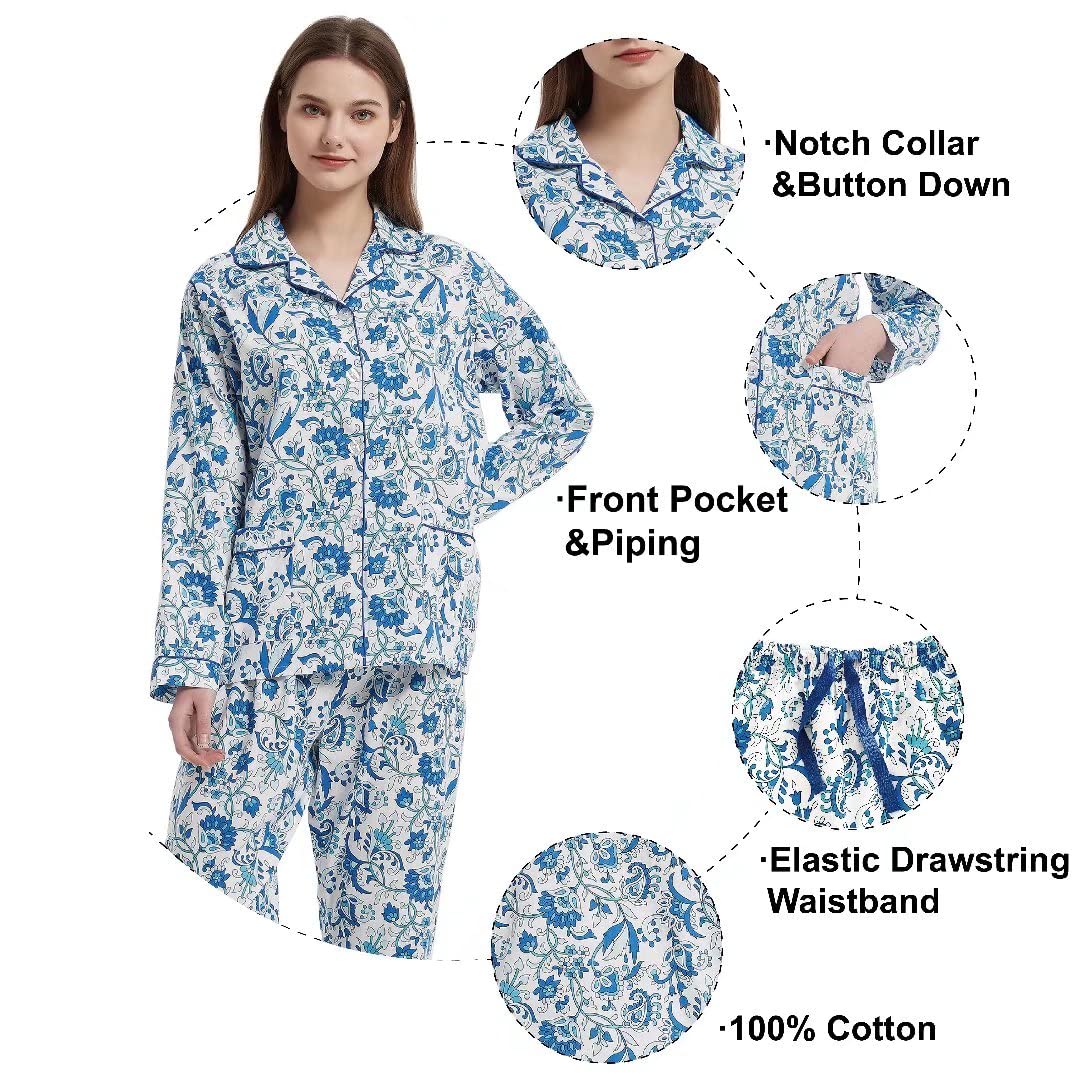 amaxer Conjunto de pijama 100 % algodón para mujer, pantalones cortos de manga corta, pantalones cortos suaves con botones, cintura elástica con cordón elástico