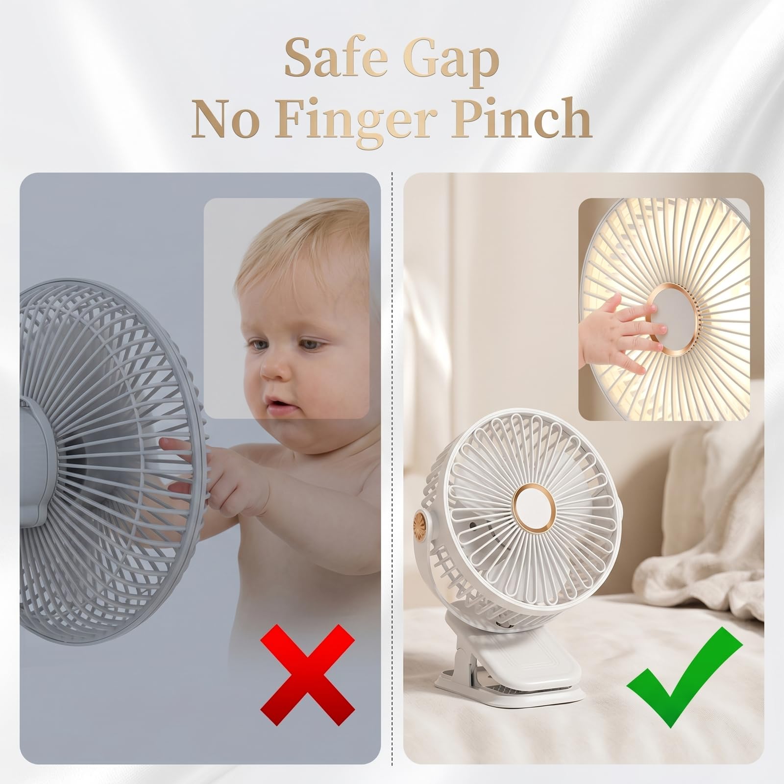 Doppelkopf Clip Ventilator, 360° drehbarer USB Klemmventilator mit 5 Geschwindigkeiten Leise, Akku Tischventilator Klein mit Nachtlicht, Ventilator zum Klemmen für Tisch/Kinderwagen/Büro (B - Schwarz)
