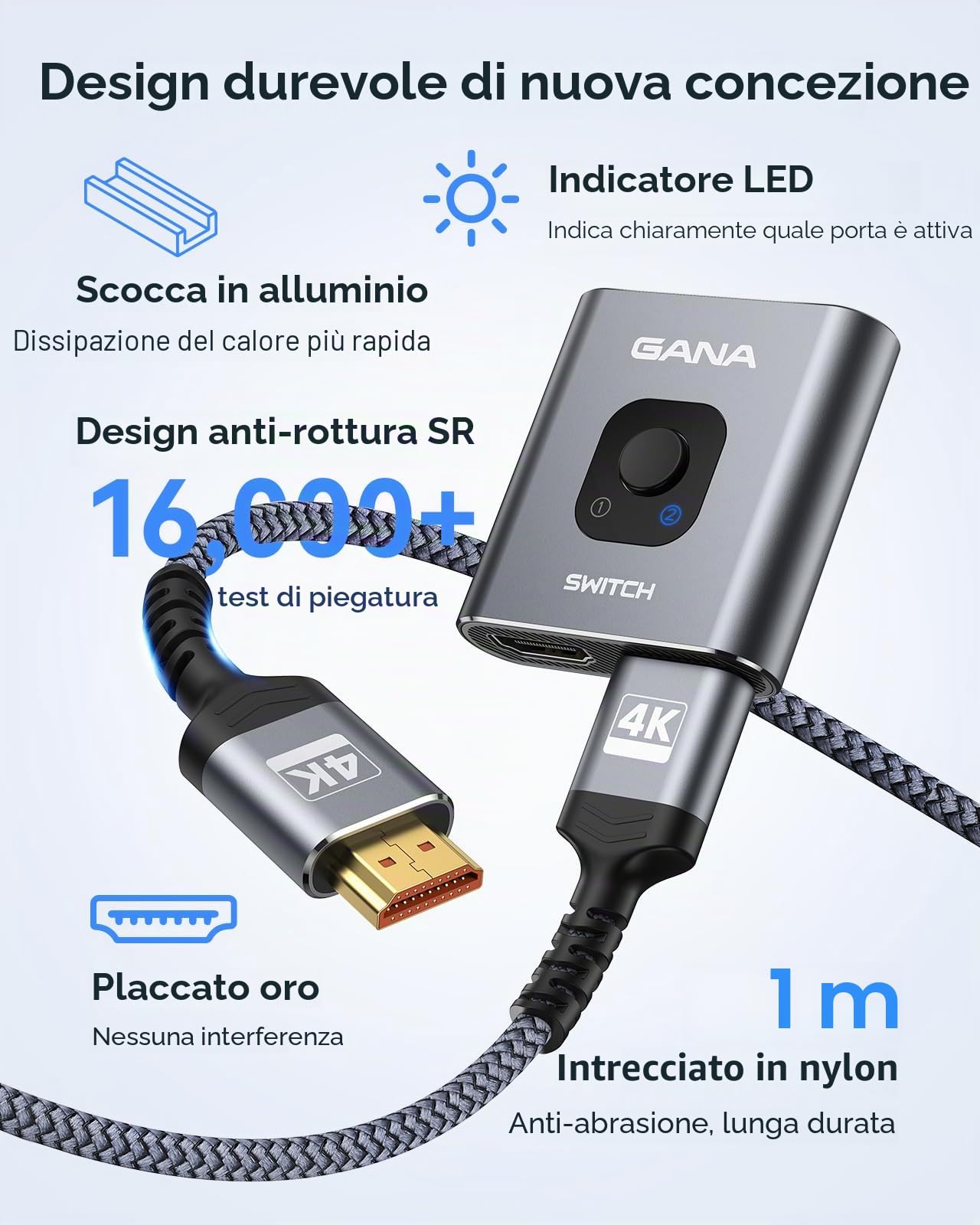 GANA Switch HDMI Splitter - Sdoppiatore HDMI 4K Switch Bidirezionale -2 Ingresso a 1 Uscita o 1 in a 2 out- Alluminio Commutatore Supporta 4K 3D 1080P per TV, Fire stick, Xbox, PS3 PS4 PS5