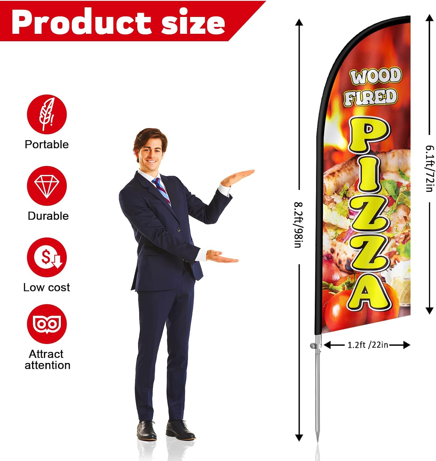 Wood Fired Pizza Flag for Business, 8FT Wood Fired Pizza Feather Flag Banner, Polyester Advertising Swooper Flag with Aluminium Alloy Flag Pole Kit, Stainless Steel, Ground Spike, Portable Bag