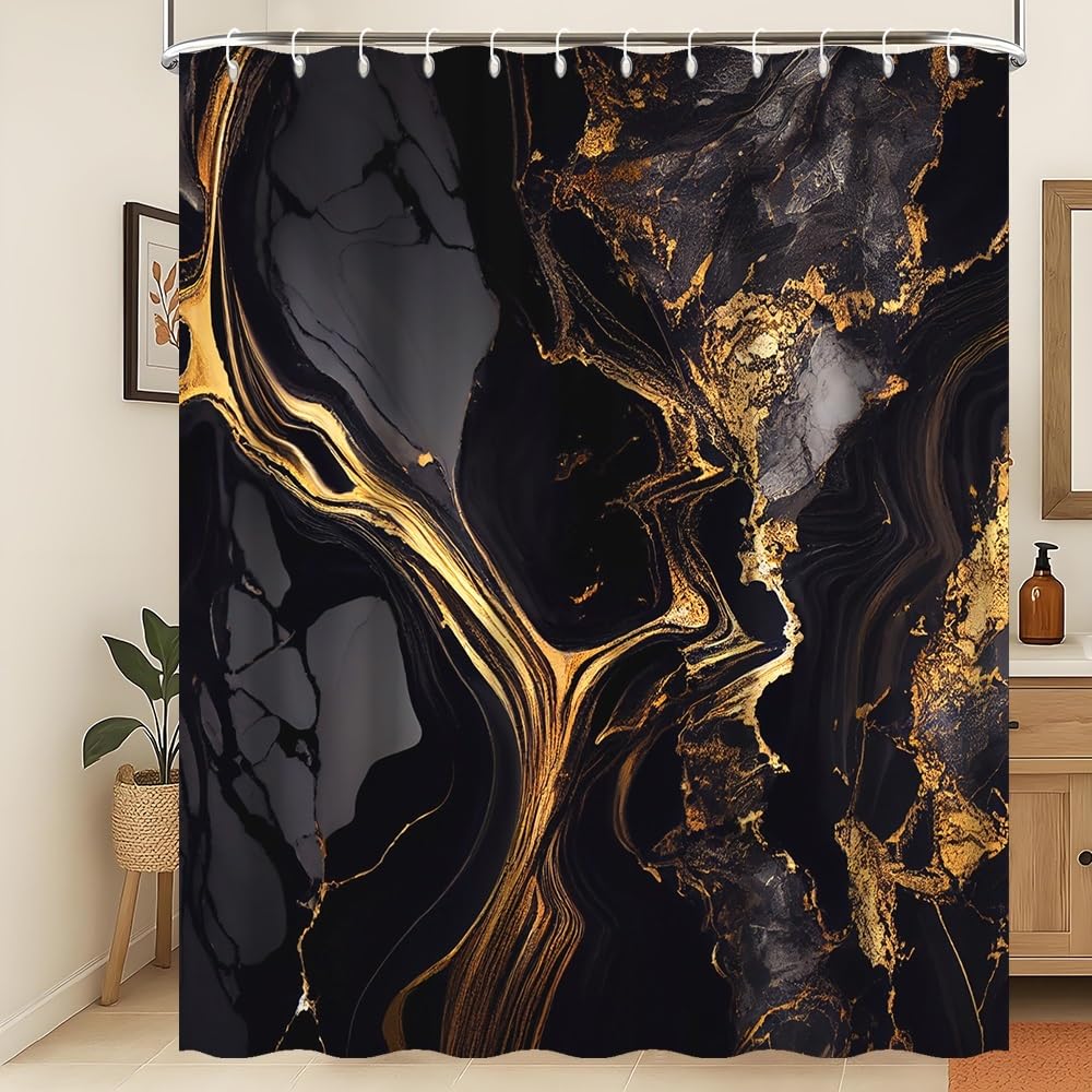 Xiaoterna Marble Shower Curtain Abstract Black Gold Marble Bathroom Curtain Gold Powder Sparkling Modern Luxury Marble Shower Curtain Machine Washable Waterproof Fabric 120x200cm
