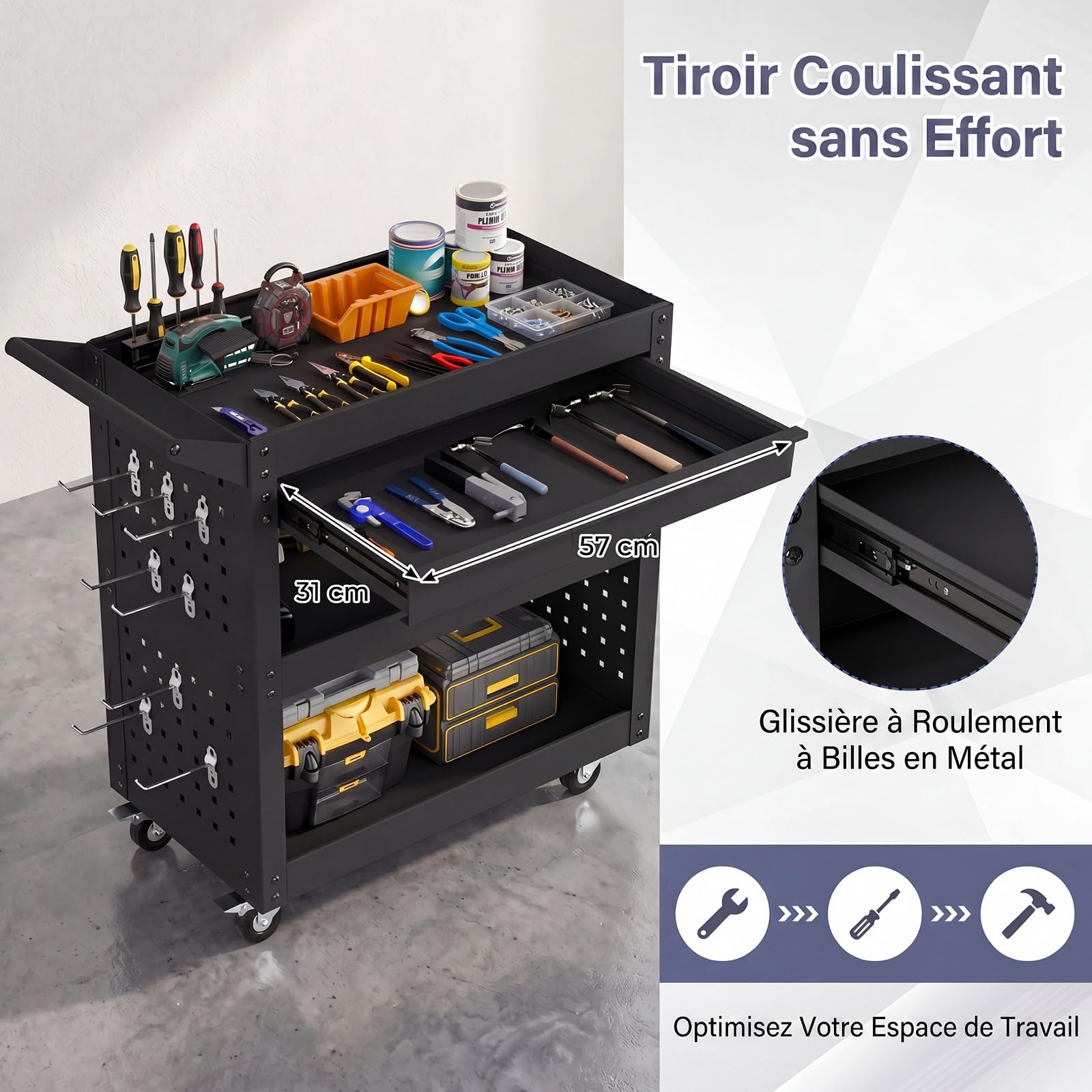 GYMAX Chariot à Outils, 3 Niveaux de Rangement & Tiroir & 2 Panneaux Perforés & 8 Crochets, roulettes Veroouillables, Servante Roulant en Métal pour Atelier, Garage et Entrepôt