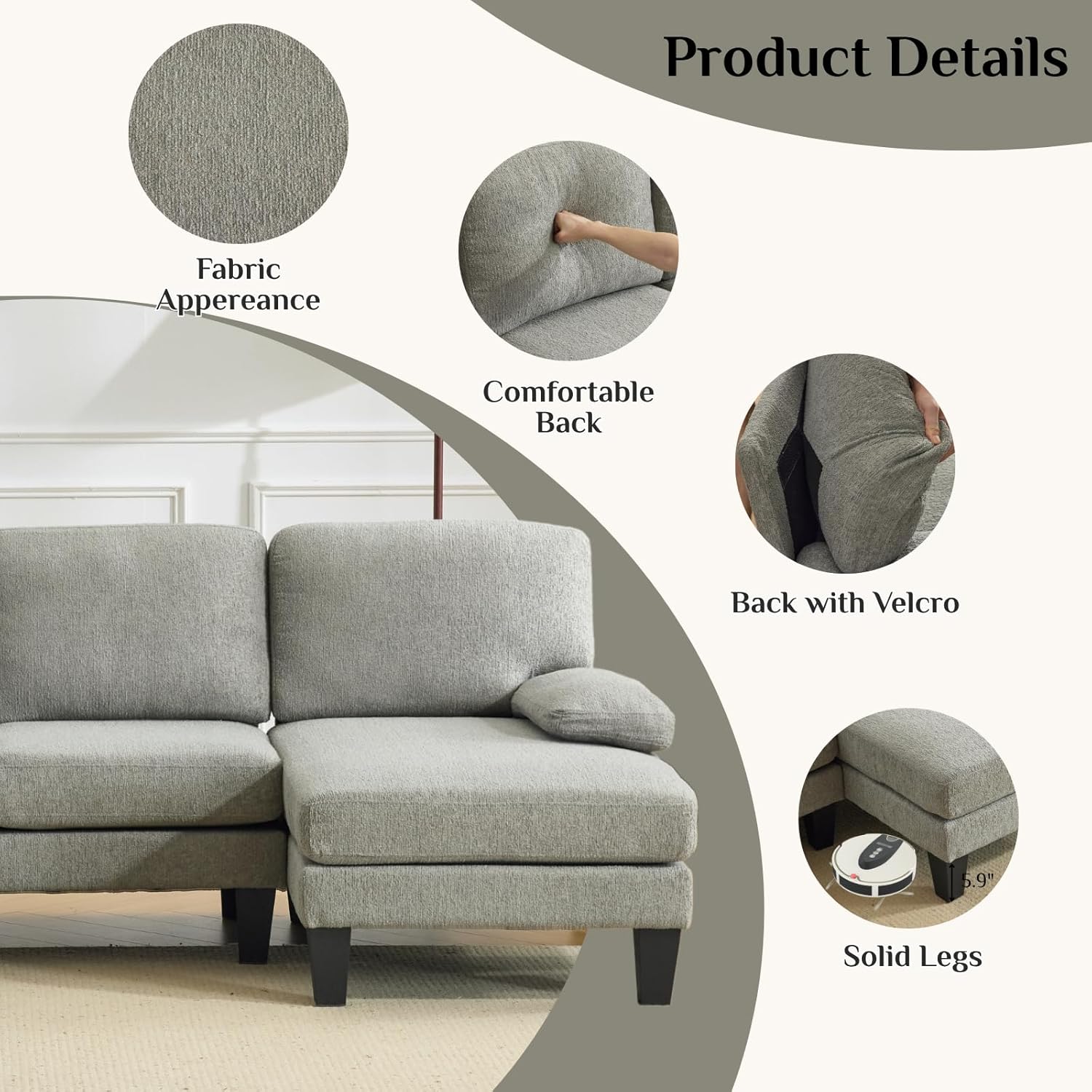Image showing various product details of the Karl home sectional sofa, including fabric appearance, comfortable back cushions, Velcro attachment for back cushions, and solid wood grain legs.