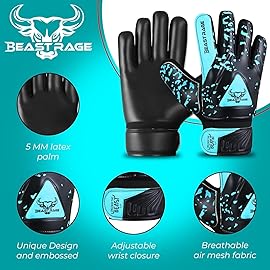 BEAST RAGE Kids Goalkeeper Gloves - Youth Soccer & Football Gloves (Aqua, Size 5 for 9-12 Year Olds)