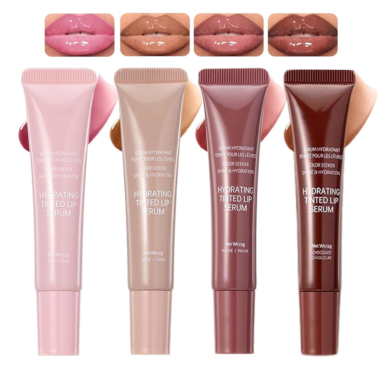 4Pcs Tinted Lip Serum Gloss Set Jelly Hydrating Shine Pink Nude Red Glossy Lip Balm Long-lasting Nourishing Vegan