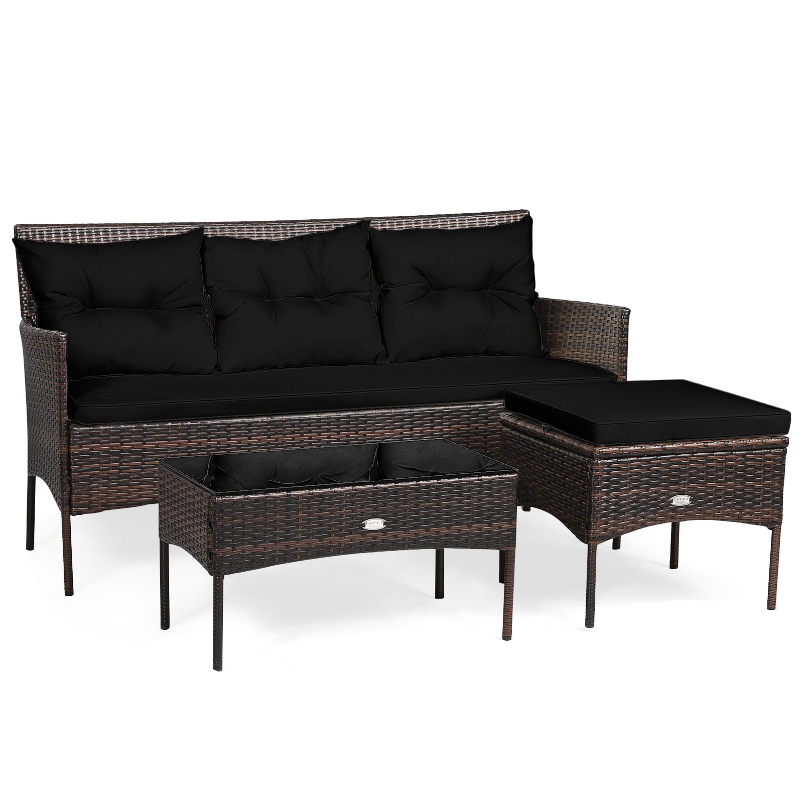 COSTWAY 4 Seater Rattan Garden Furniture Set, Patio Conversation Set with Cushioned Sofa, Ottoman and Tempered Glass Table, All-Weather Wicker Outdoor Corner Sofa Set for Balcony Lawn Yard (Black)