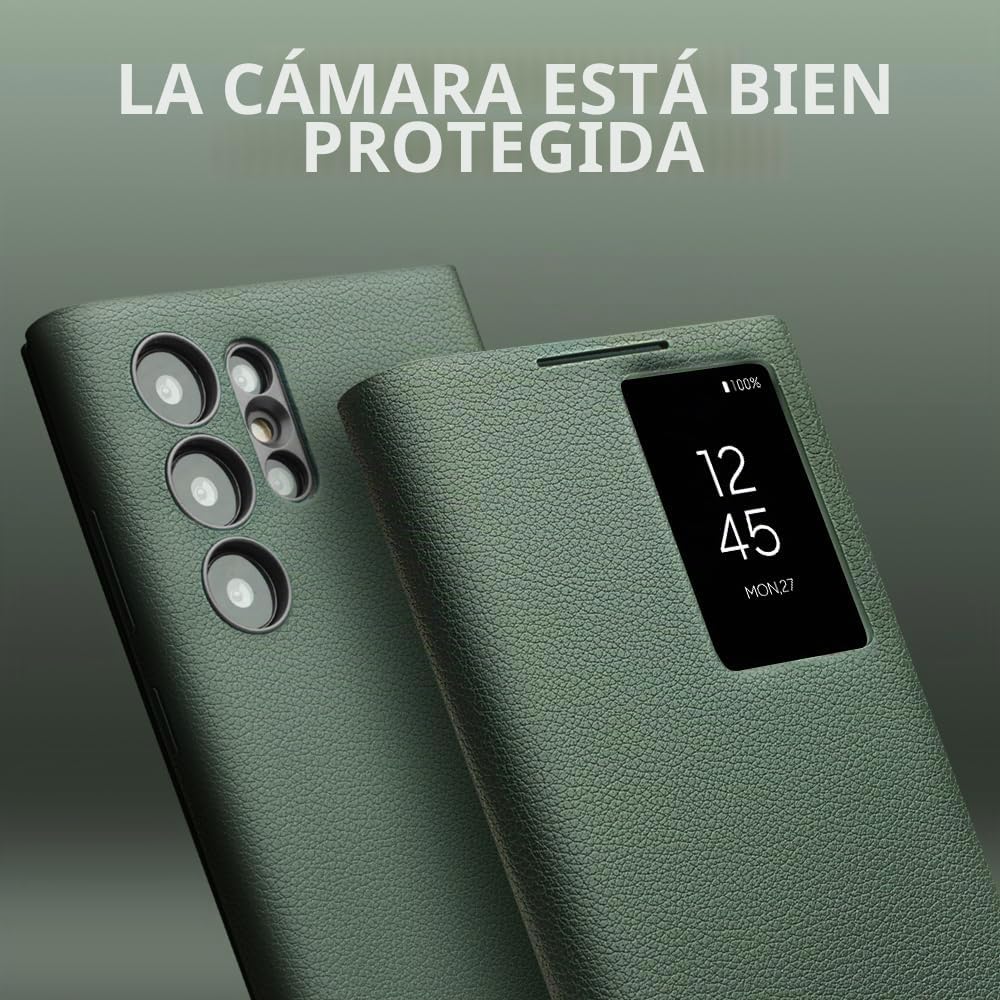 Funda inteligente de cuero genuino para Samsung Galaxy S23 Ultra, funda de teléfono ultraligera con Smart View para S23 Ultra (solo para S23 Ultra, verde)