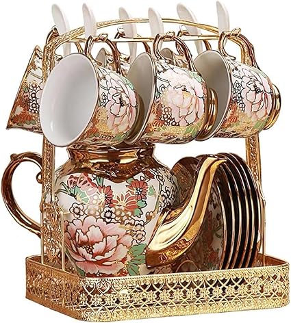TEAKPOK 14 Piece European Ceramic Tea Set Coffee set Porcelain Tea SetWith Metal Holder,flower tea set Red Rose Painting