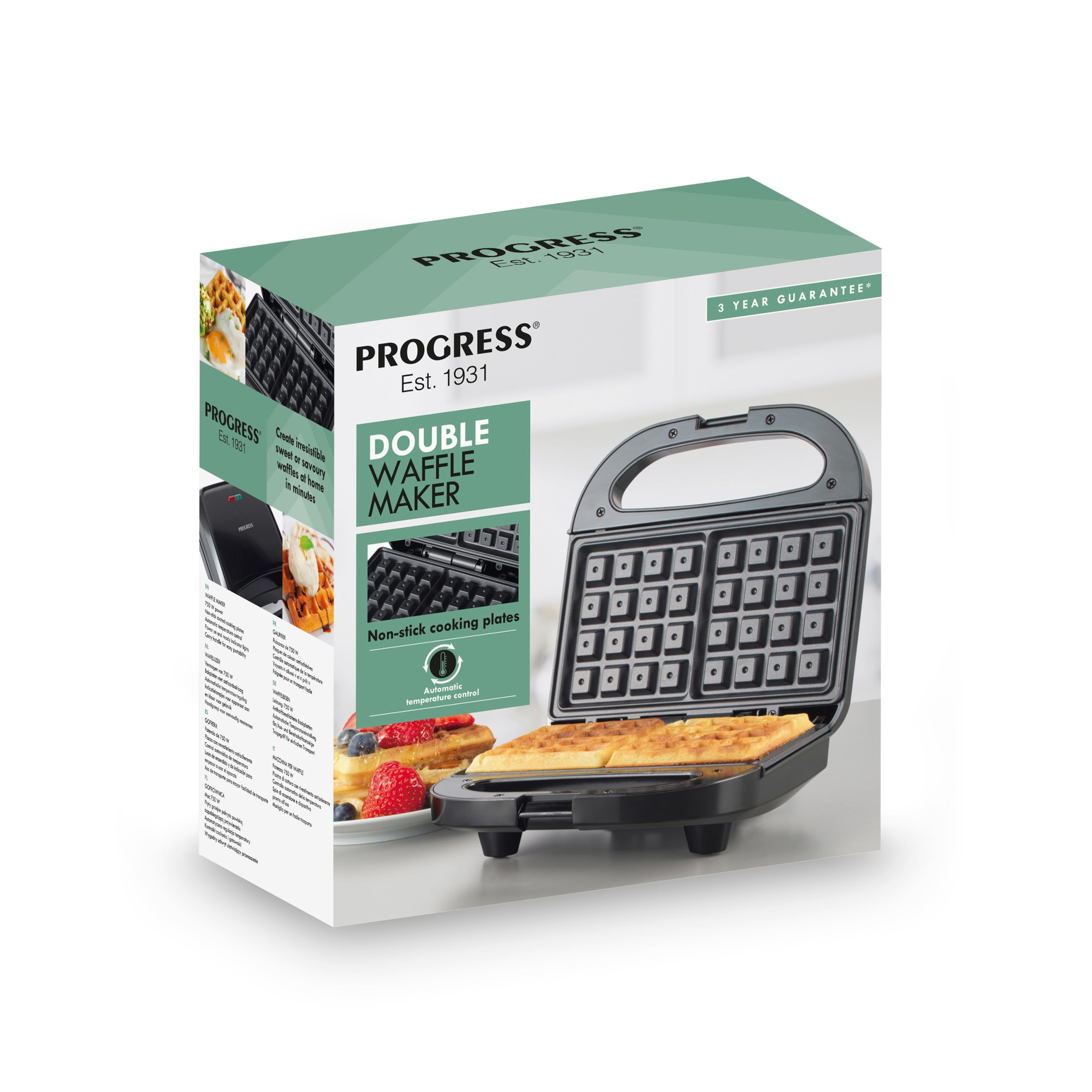 Progress doble Gofrera - eléctrica, placas de cocción antiadherentes, gofrera belga/americana, control automático de temperatura, asa de transporte, indicadores de encendido/preparado, 750 W