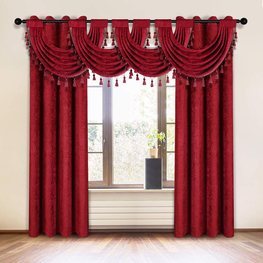 ELKCA Chenille Burgundy Red Waterfall Swag Valances(30" W x 22" L, 4 Panels,Rod Pocket) and Curtain (52"x96", 2 Panels,Grommet Top)