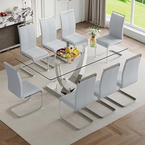 Miniatura 13 de Juego de mesa de comedor para 4, 63 pulgadas, juego de mesa de comedor de vidrio templado negro para 4 personas con sillas de poliuretano, moderno