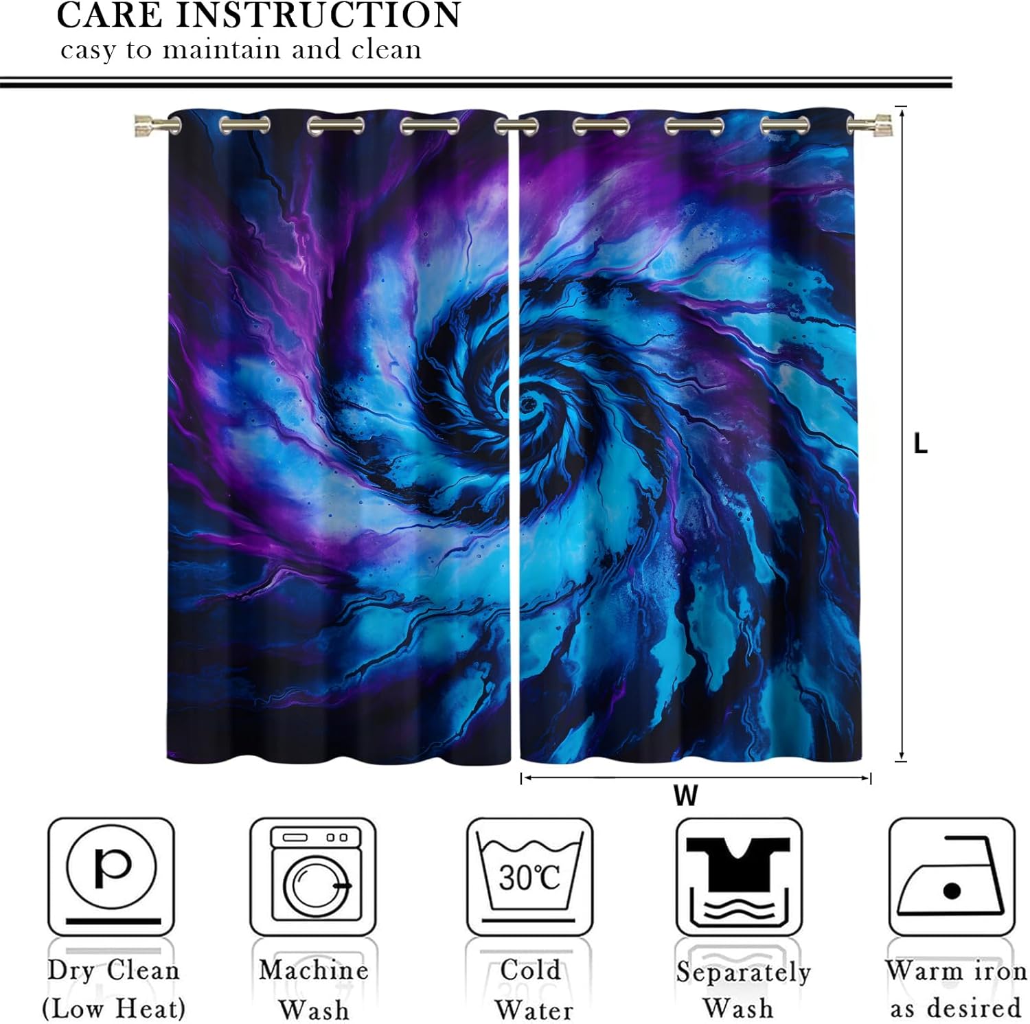 Colorful Black Out Curtains, Psychedelic Spiral Curtains 63 inch Length 2 Panel, Gradient Tie Dye Curtains for Living Room, Black Blue Purple Thermal Curtains for Small Windows Drapes