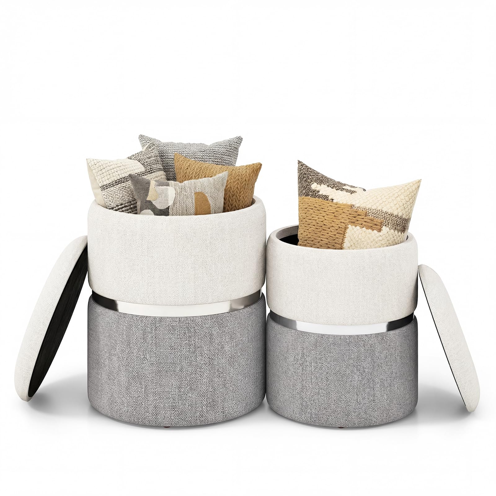 COSTWAY Set di 2 Pouf Contenitore in Velluto, Pouf Rotondi Imbottiti da 32L +21L, Sgabelli con Contenitore per Soggiorno, Camera da Letto, Portata 150 kg (Grigio)