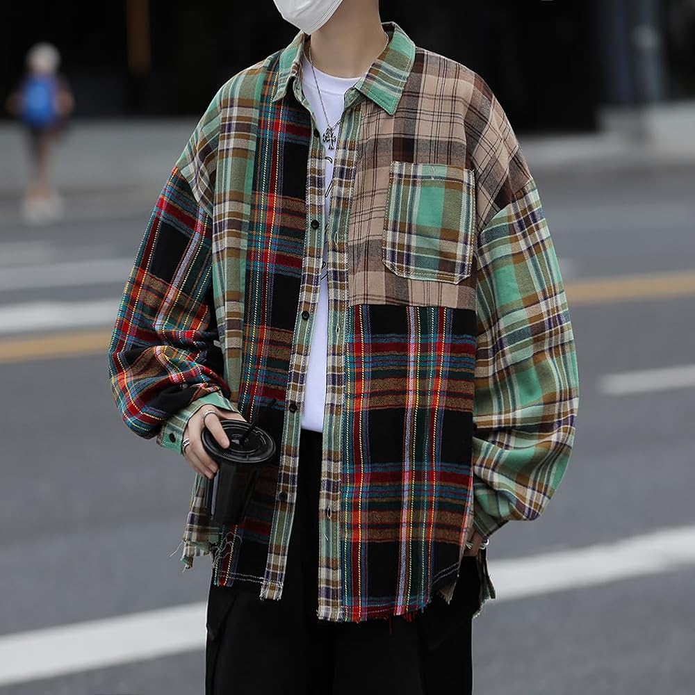 Amazon.co.jp: [NEZIH] 長袖シャツ メンズ チェック柄 折り襟