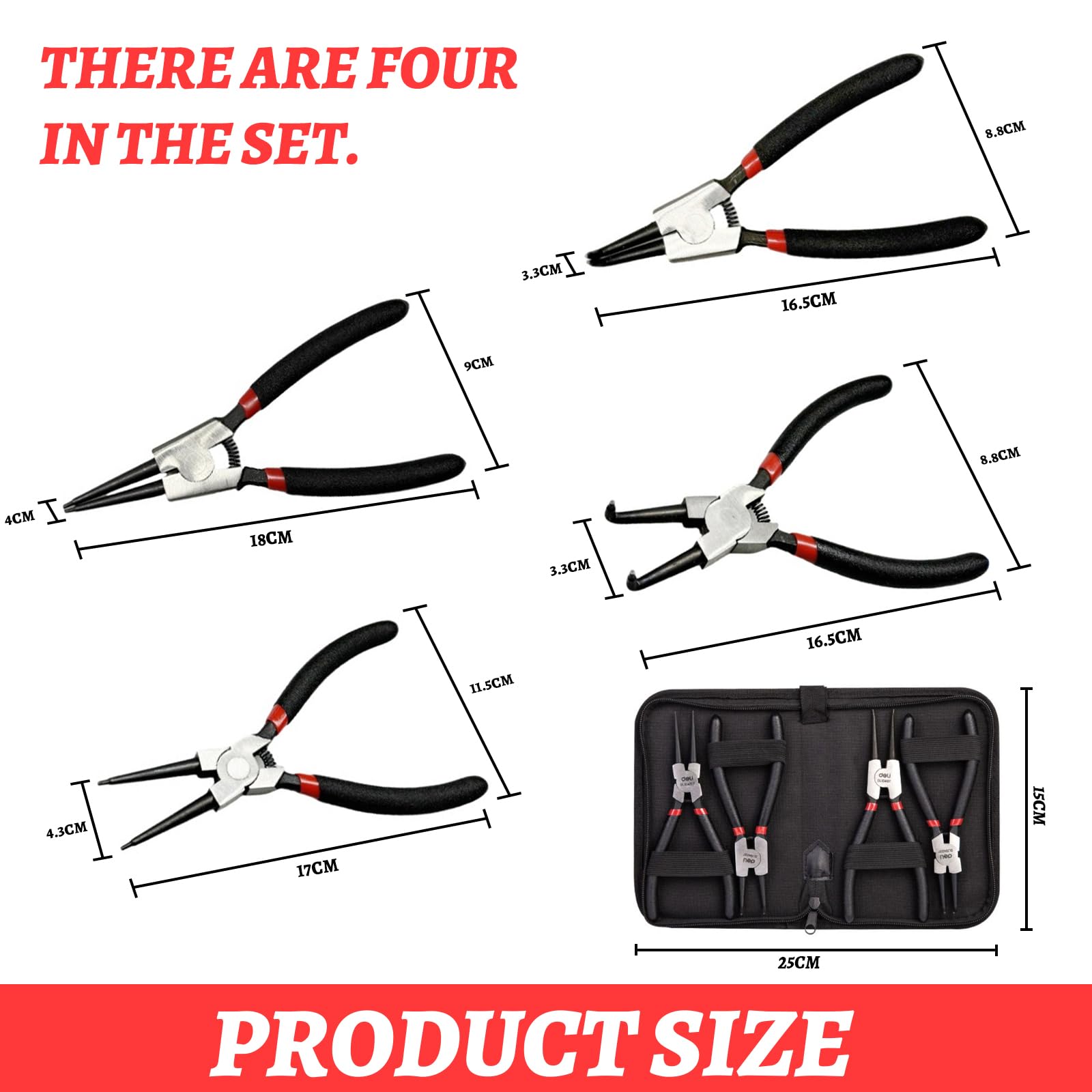 4 alicates Seeger 180 mm, pinzas para anillos, recta y curva con asas antideslizantes, bolsa portátil para bisutería, bloqueo interior y exterior