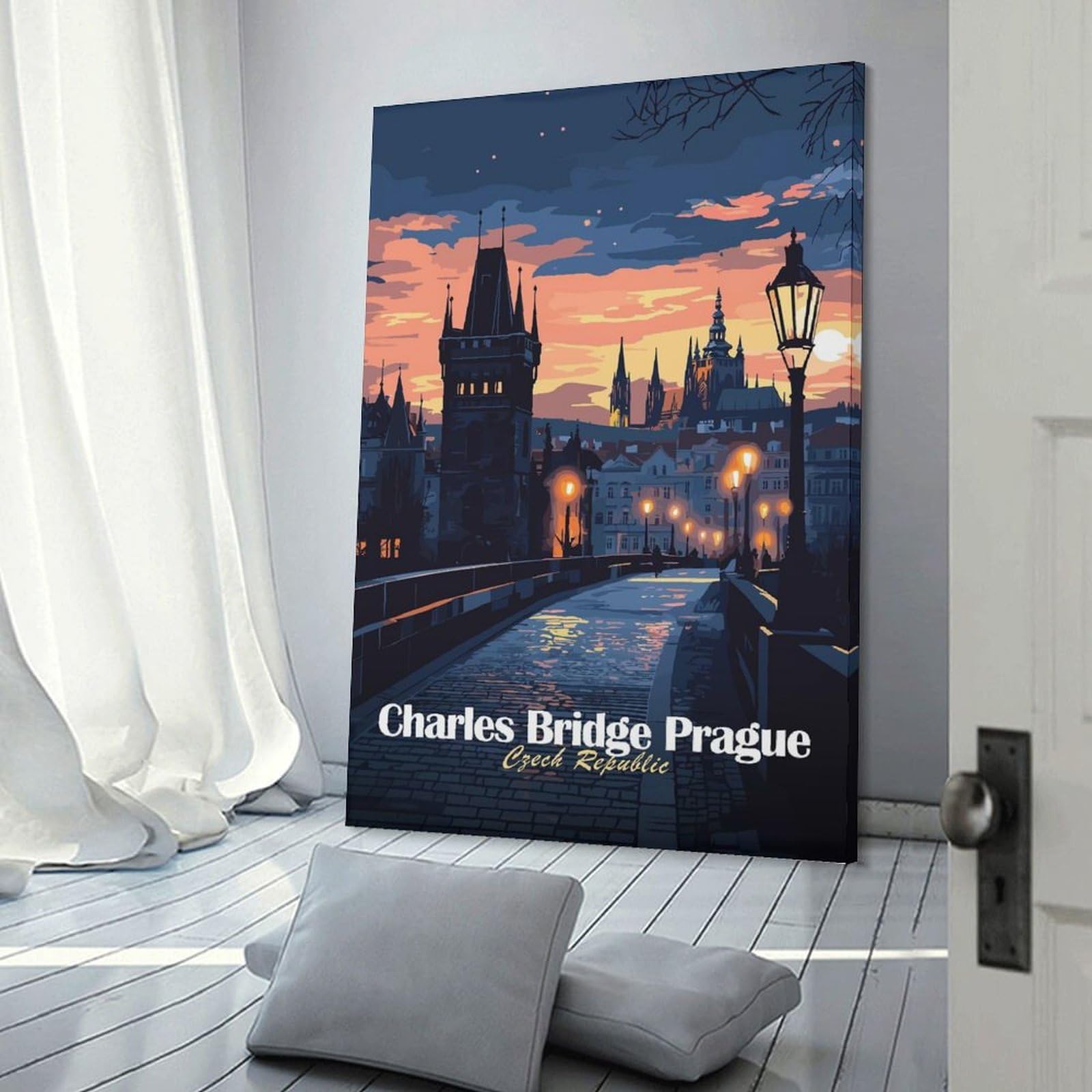 Junmoney Charles Bridge Prague Room Decor Wall Art, 24x36inch(60x90cm), for Entrance Spaces, Stair Walls Or Halls, A Stylish Accent for Home Entrances