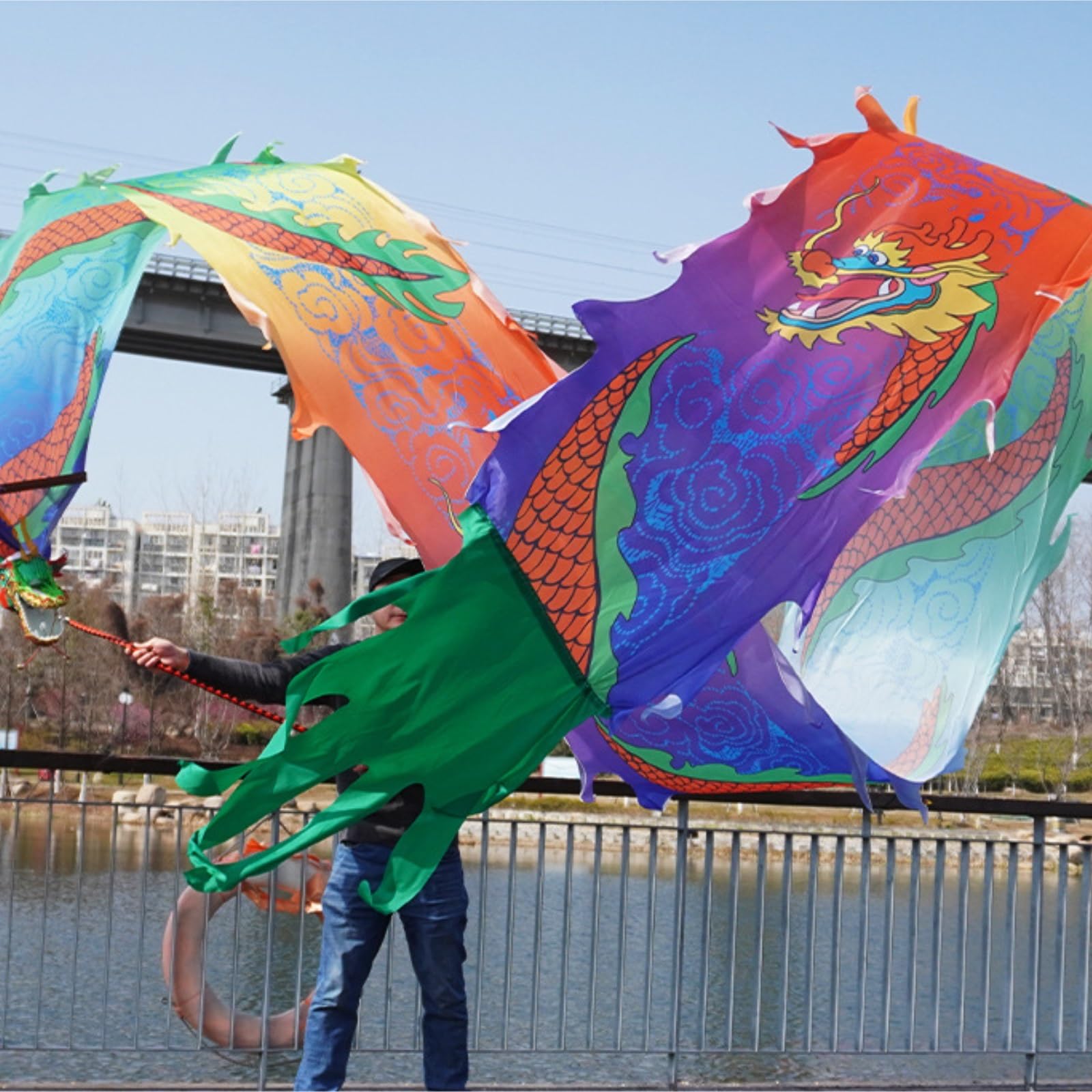 Drago Cinese per Feste Nastro da Danza del Drago in Tessuto di Seta for La con Testa in Fluida Che Agita E Lancia All'aperto Feste Cinesi in Italia(Blue,10 Meters)