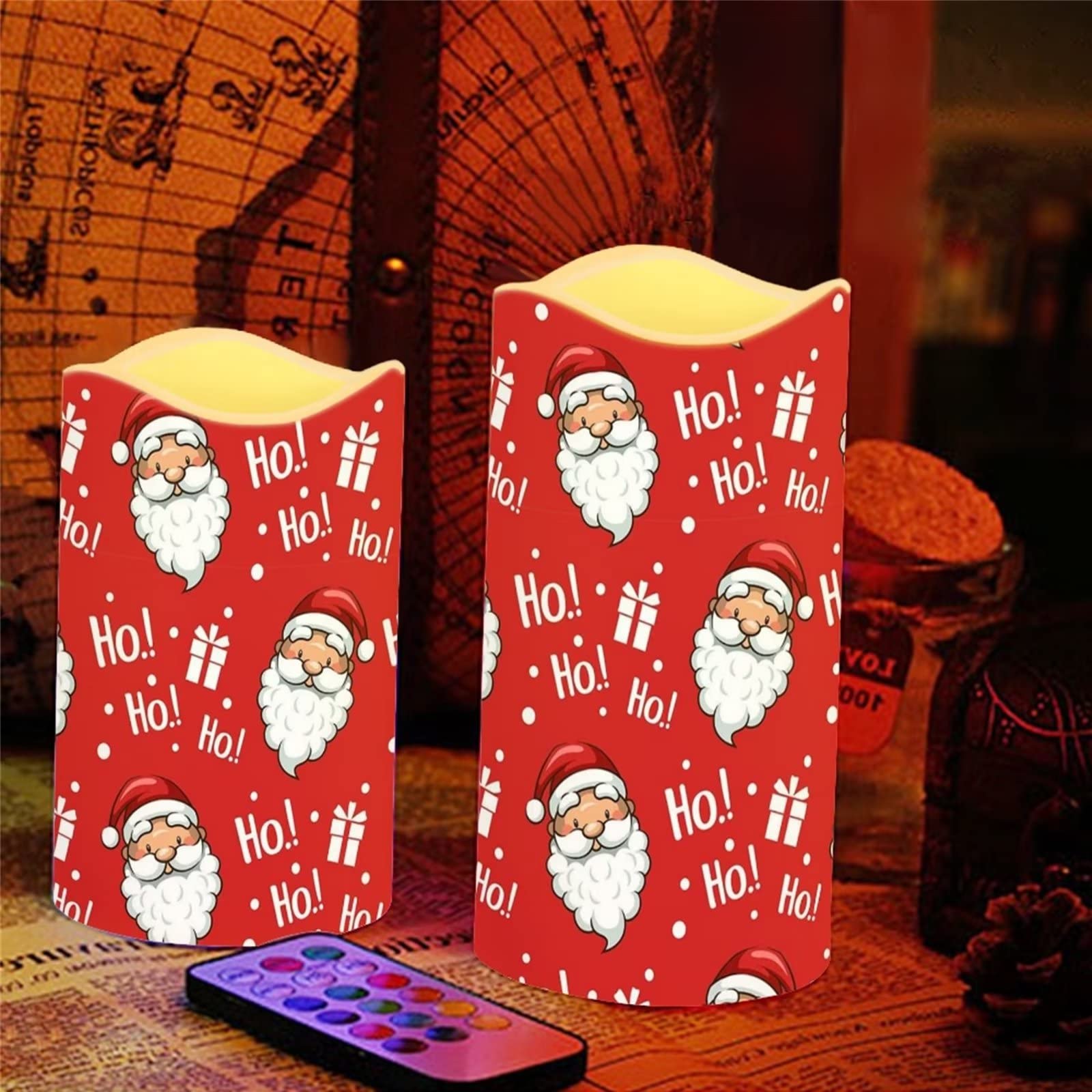 DISNIMO Velas LED parpadeantes sin llama de Papá Noel, funciona con pilas, juego de 4 velas de pilar de cera real (D: 3 pulgadas x alto: 2.9 pulgadas, 3.9 pulgadas, 4.9 pulgadas, 5.7 pulgadas) velas