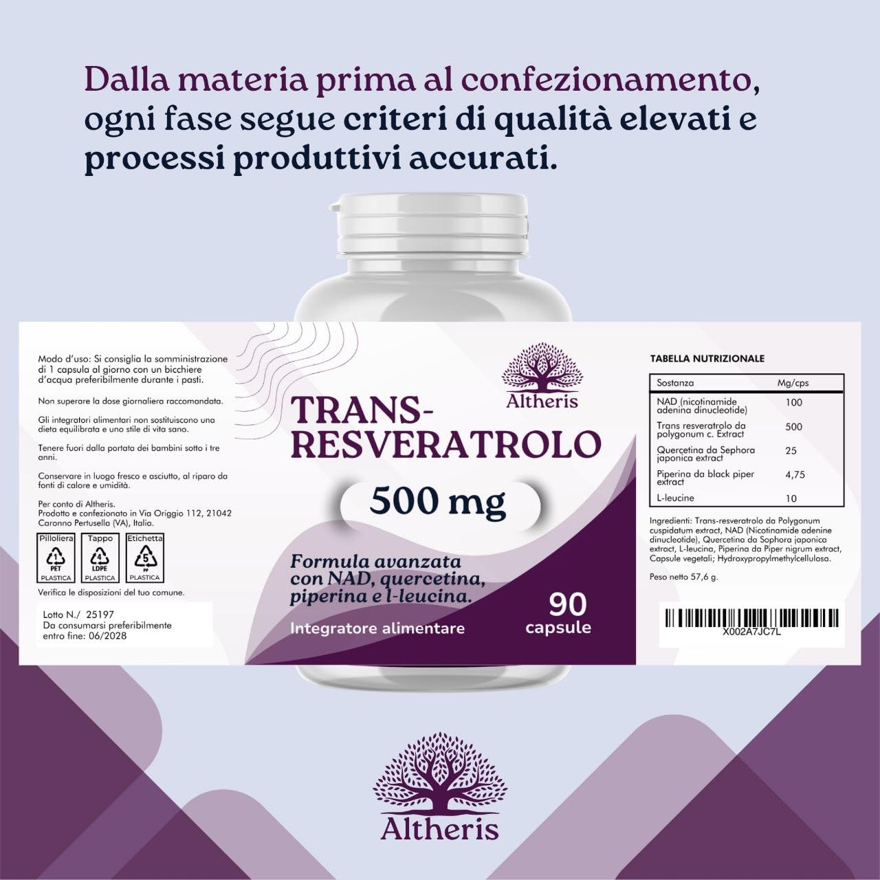 Trans Resveratrolo 500mg Puro NAD 90Cps con Quercetina L-Leucina e Piperina - Trans Resveratrolo Sirtuine, Polifenoli, Antietà, Antiossidante Naturale