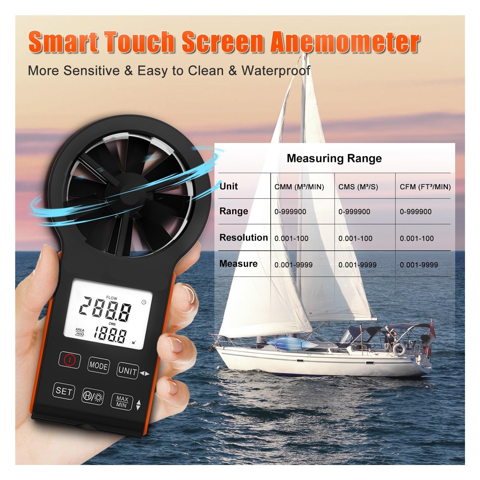 Anemometro, Anemómetro digital, anemómetro impermeable recargable CFM, mide la velocidad del viento (0,3-30 m/s) y el volumen de aire.(Yellow)
