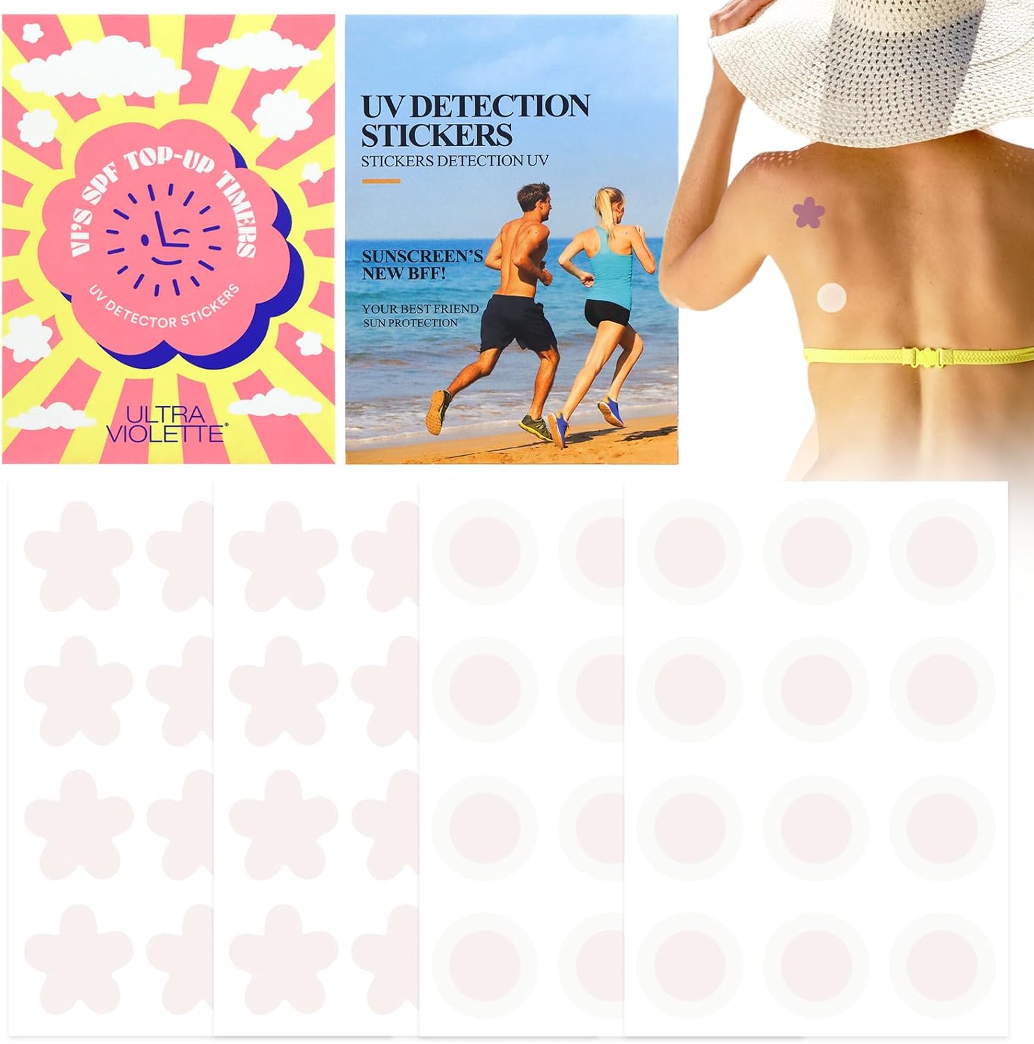 Pack of 48 UV Detection Stickers, Sun Patches, Sun Protection, Outdoor Sunscreen Stickers, UV Stickers, Sun Protection, Reusable Sun Protection Patches for Sunscreen