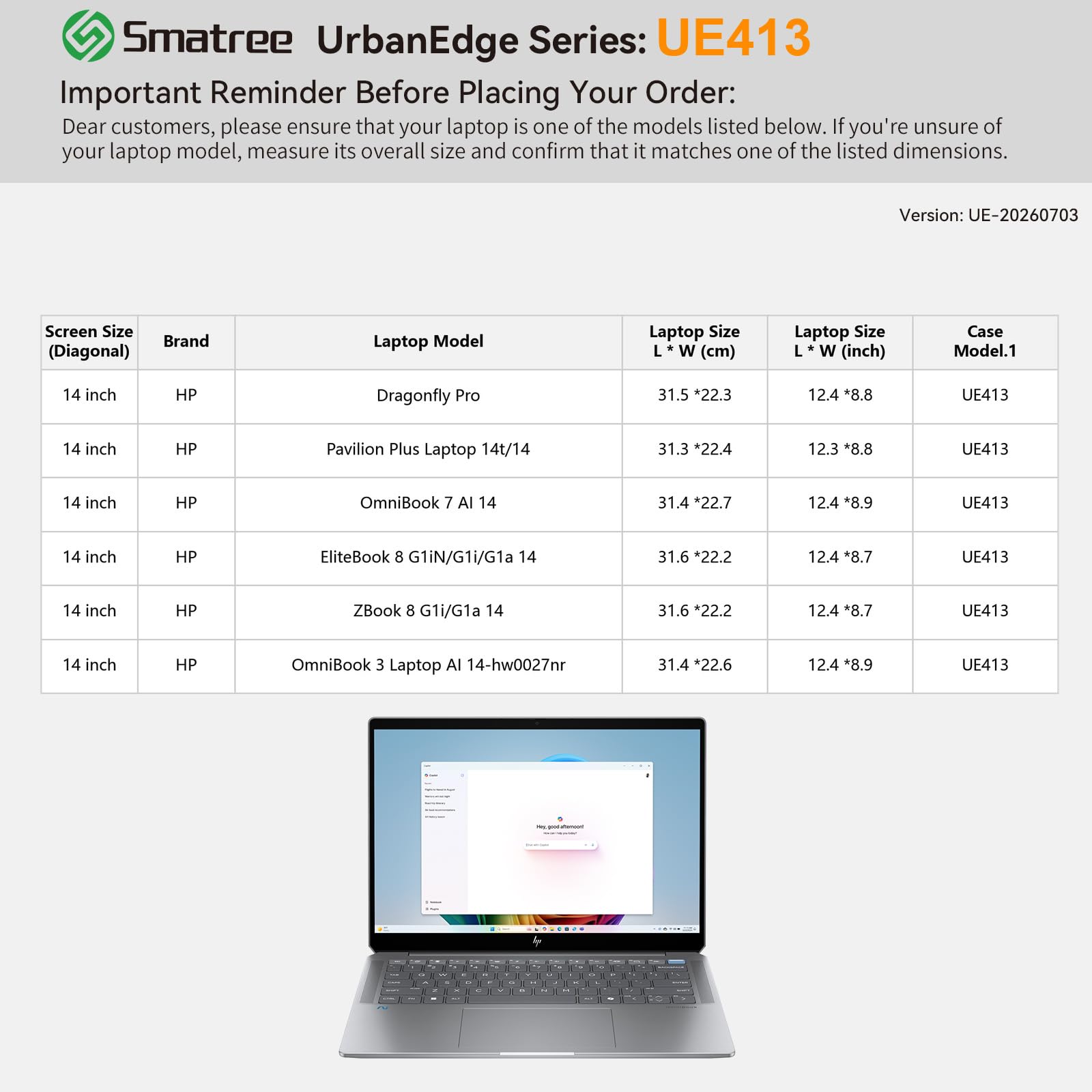 Smatree UrbanEdge Etui na laptopa do 14 cali HP Dragonfly Pro;Pavilion Plus 14t/14;OmniBook 3/7 AI-14;EliteBook 8 G1iN/G1i/G1a 14;ZBook 8 G1i/G1a-14,z kieszenią na akcesoria(UE413)